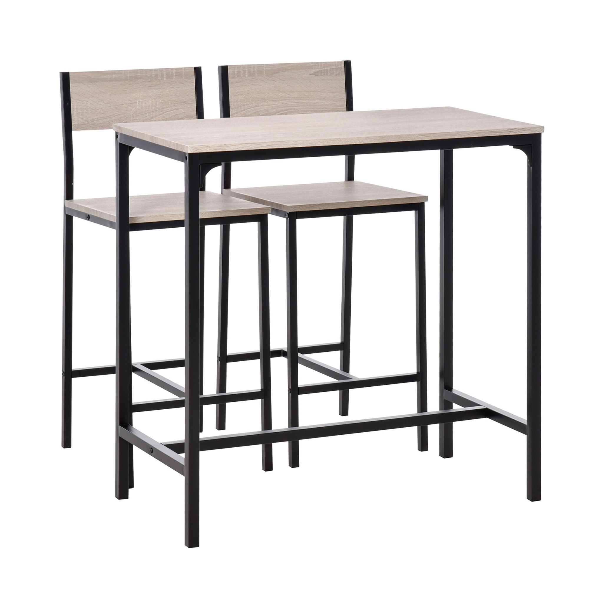 HOMCOM Juego de Mesa de Bar con 2 Taburetes con Respaldo Alto y Reposapiés - Natural + Negro