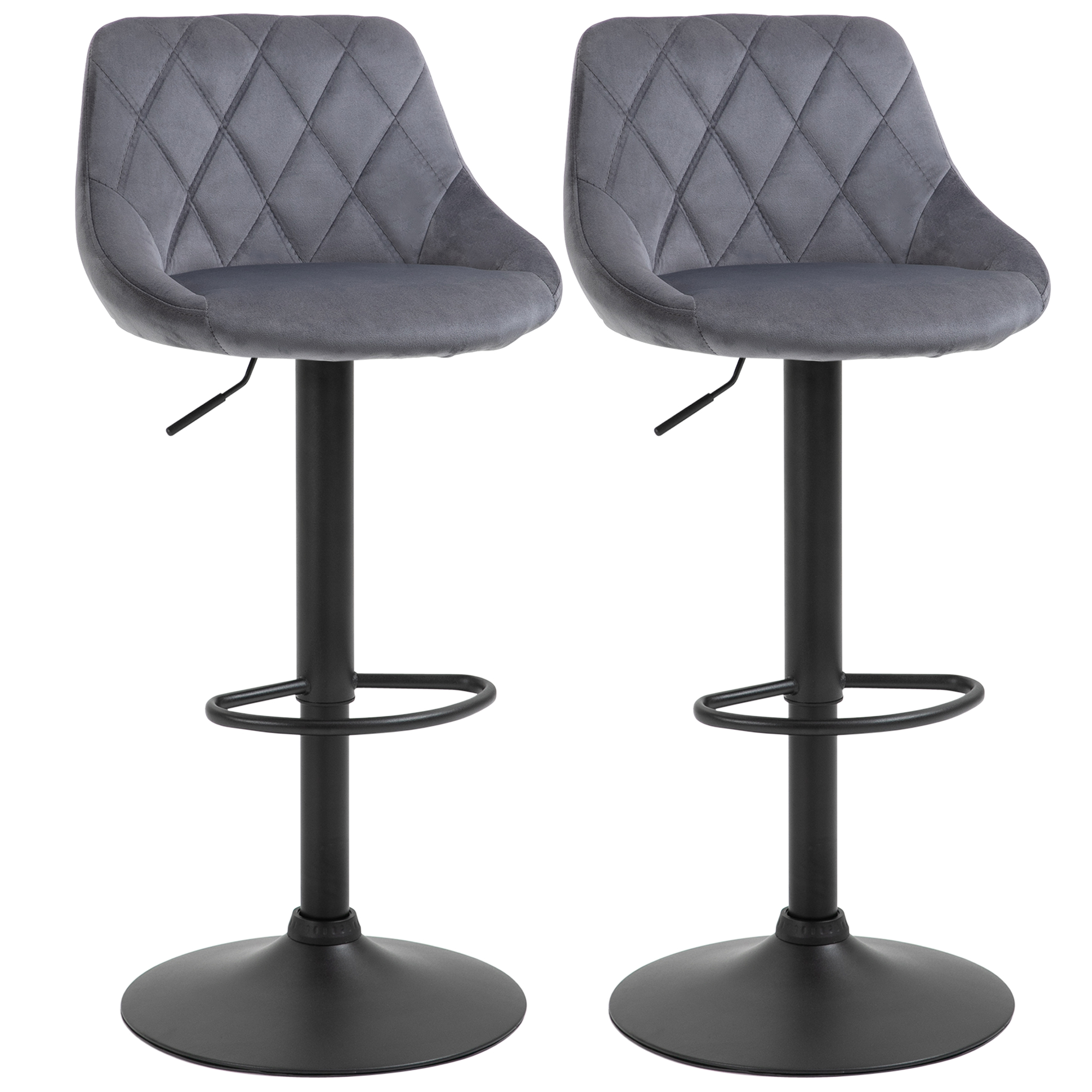 HOMCOM Set 2 Taburetes de Bar, Altura Regulable con Base de Metal y Asiento de Terciopelo, Taburetes Modernos con Respaldo y Reposapiés, 46x48x83-104cm, Gris y Negro