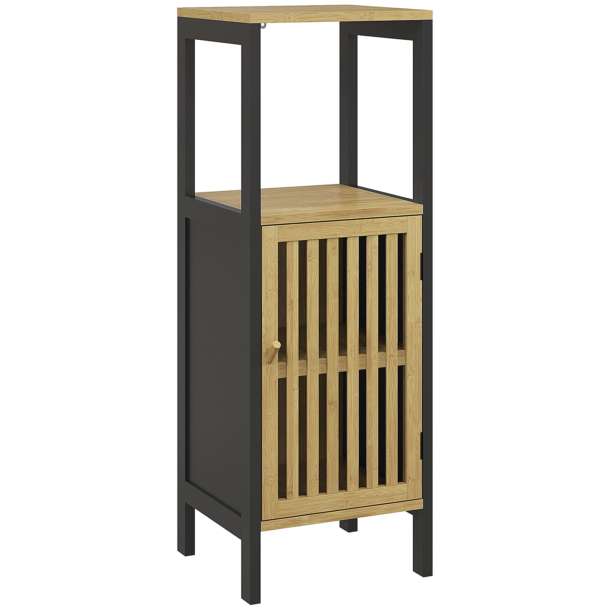 HOMCOM Mueble bajo de baño en bambú con armario 1 puerta repisa abierta 32 x 30 x 90,5 cm, negro y madera