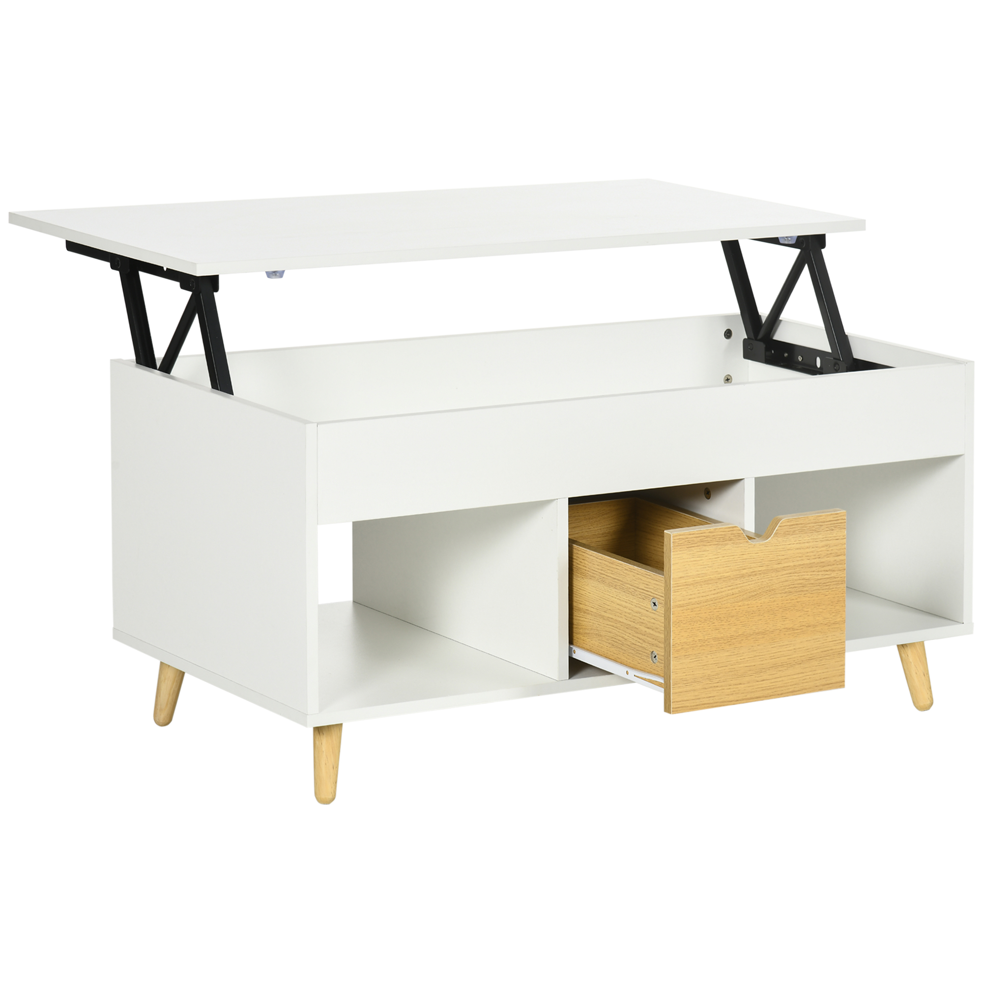 HOMCOM Mesa de Centro rectangular con tapa elevable 1 cajón, 2 compartimentos y cofre - en madera aspecto madera clara y blanco