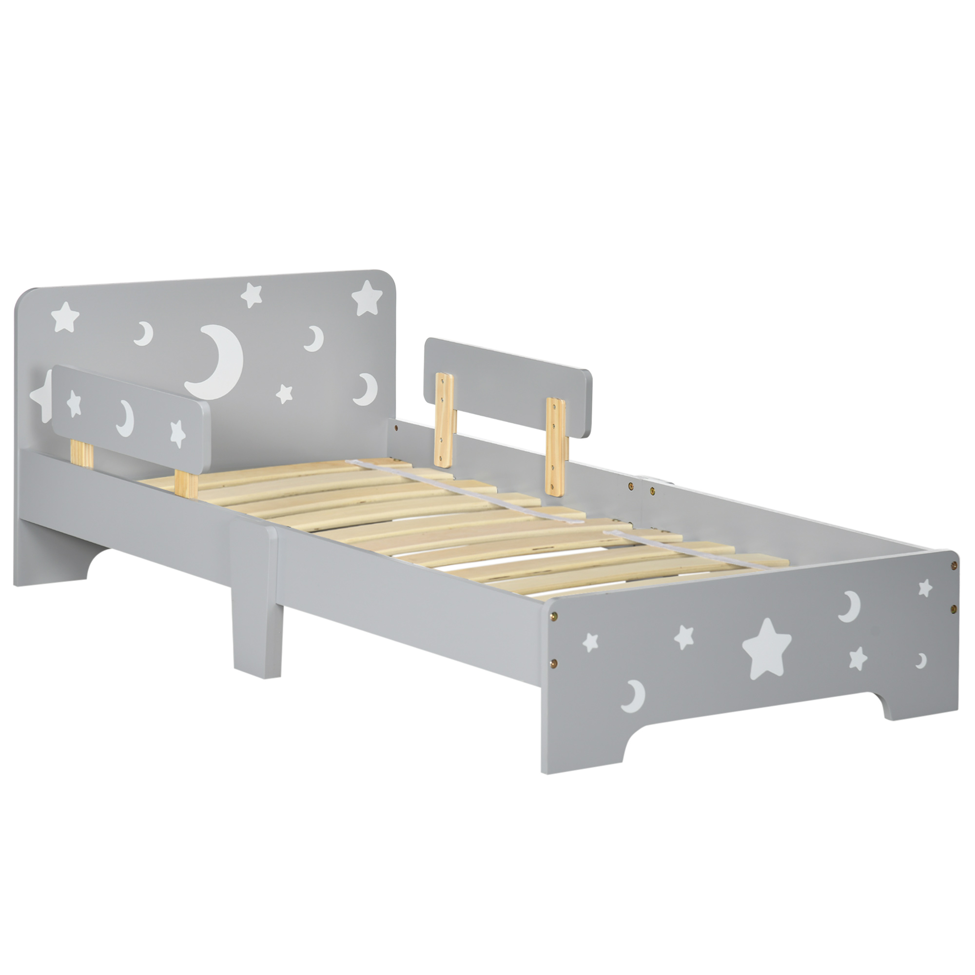 ZONEKIZ Cama para niños de 3 a 6 años diseño estrellas y luna somier de láminas incluido habitación moderna 143 x 76 x 49 cm gris