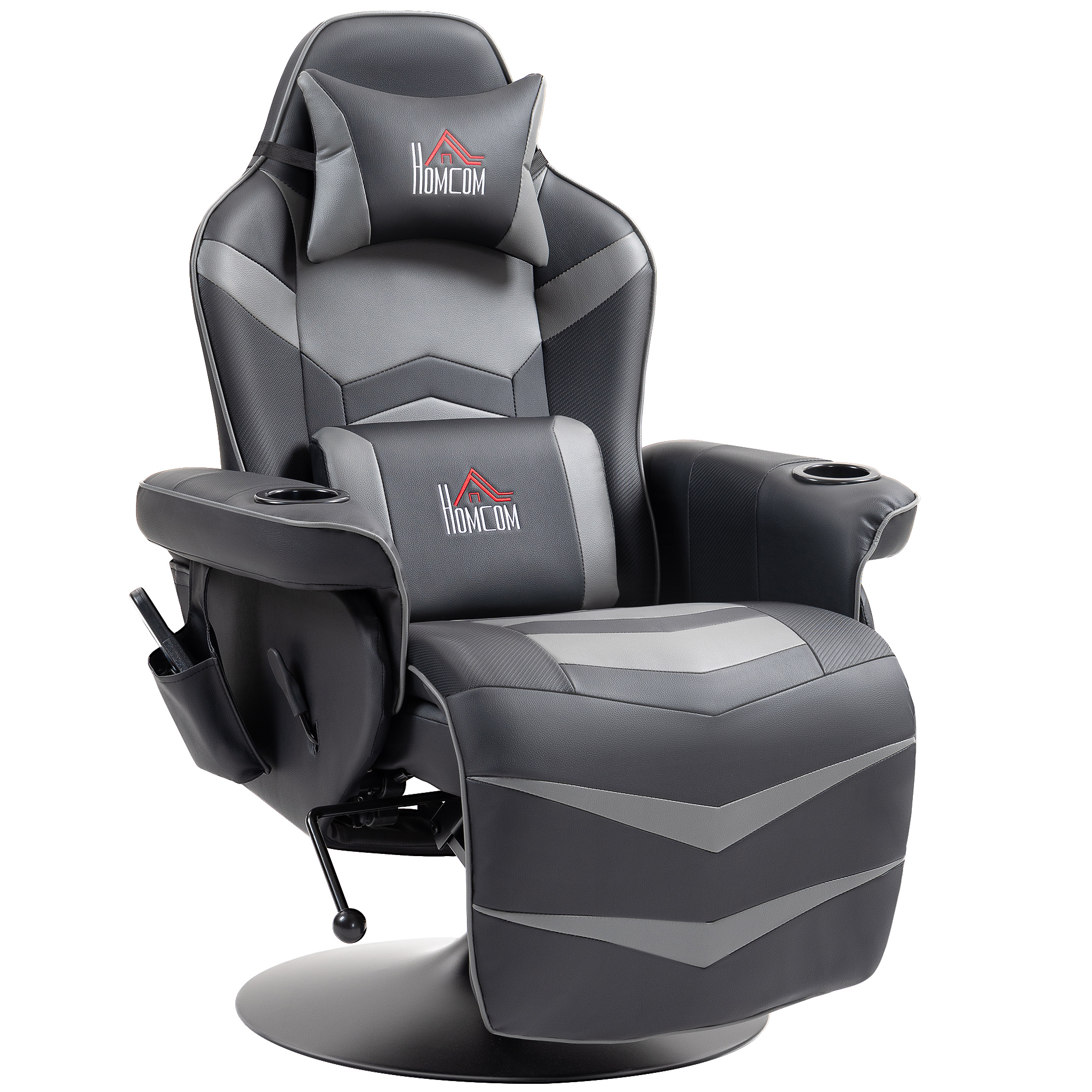 Image of HOMCOM Poltrona da gioco con funzione massaggi, schienale inclinabile, poggiapiedi, fino a 120 kg, telaio in acciaio, similpelle, Grigio cod005