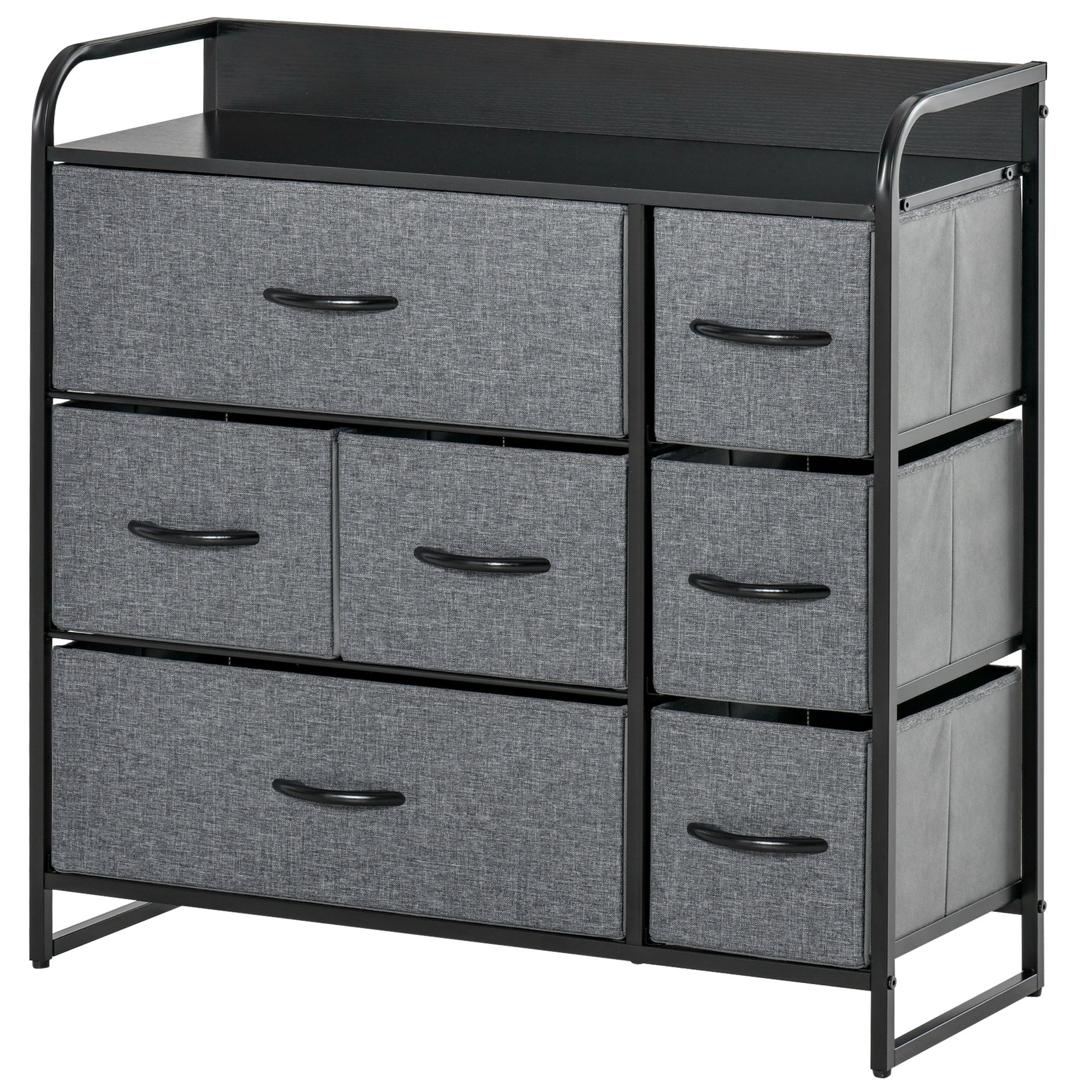 HOMCOM Cómoda 7 cajones mueble de almacenamiento cajón en tela plegable - estructura acero negro - 80L x 29An x 78,5Al cm, negro y gris