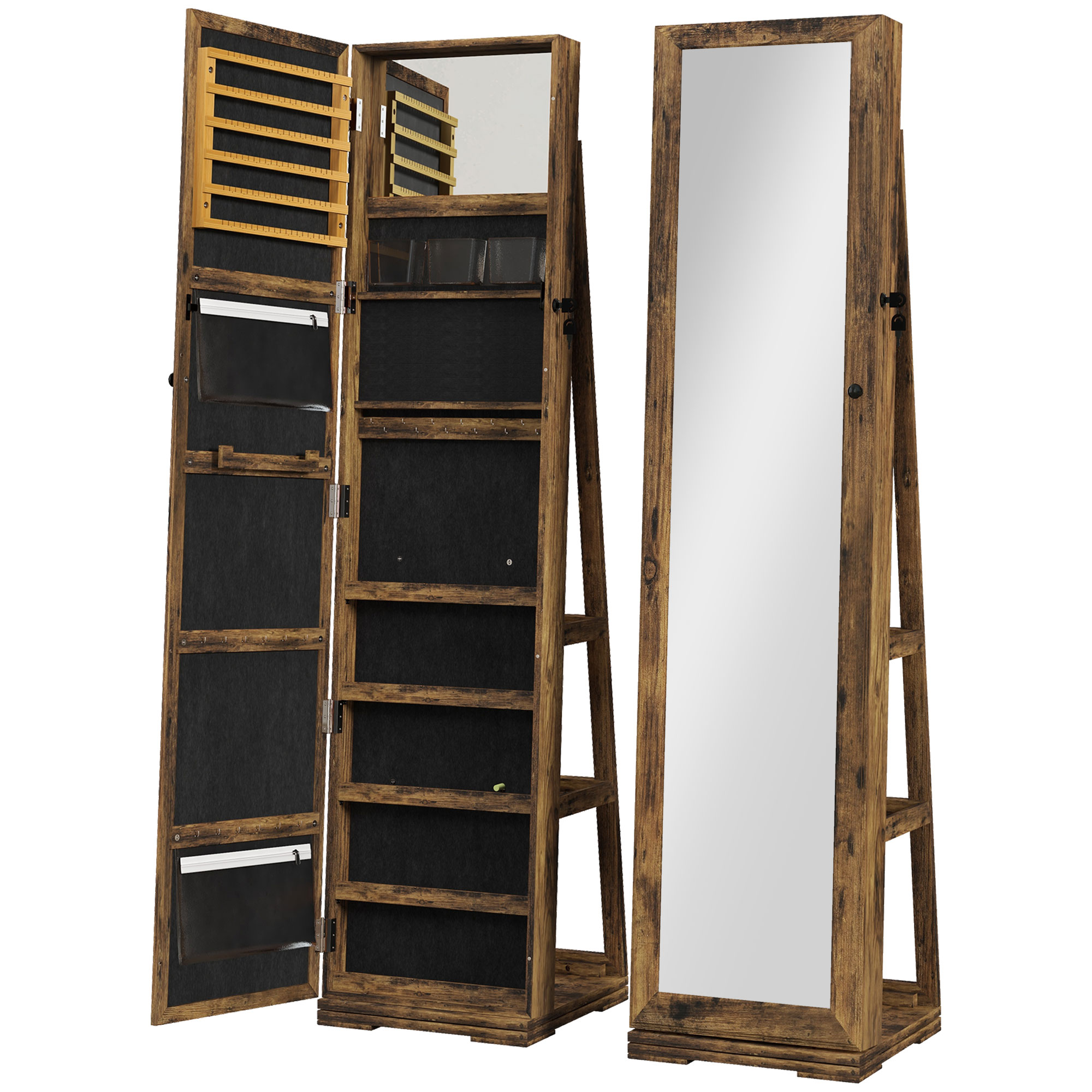 HOMCOM Armario de Joyería giratorio con cerradura caja de joyería con espejo - Armario Joyero Multi-almacenamiento - Marrón Rústico