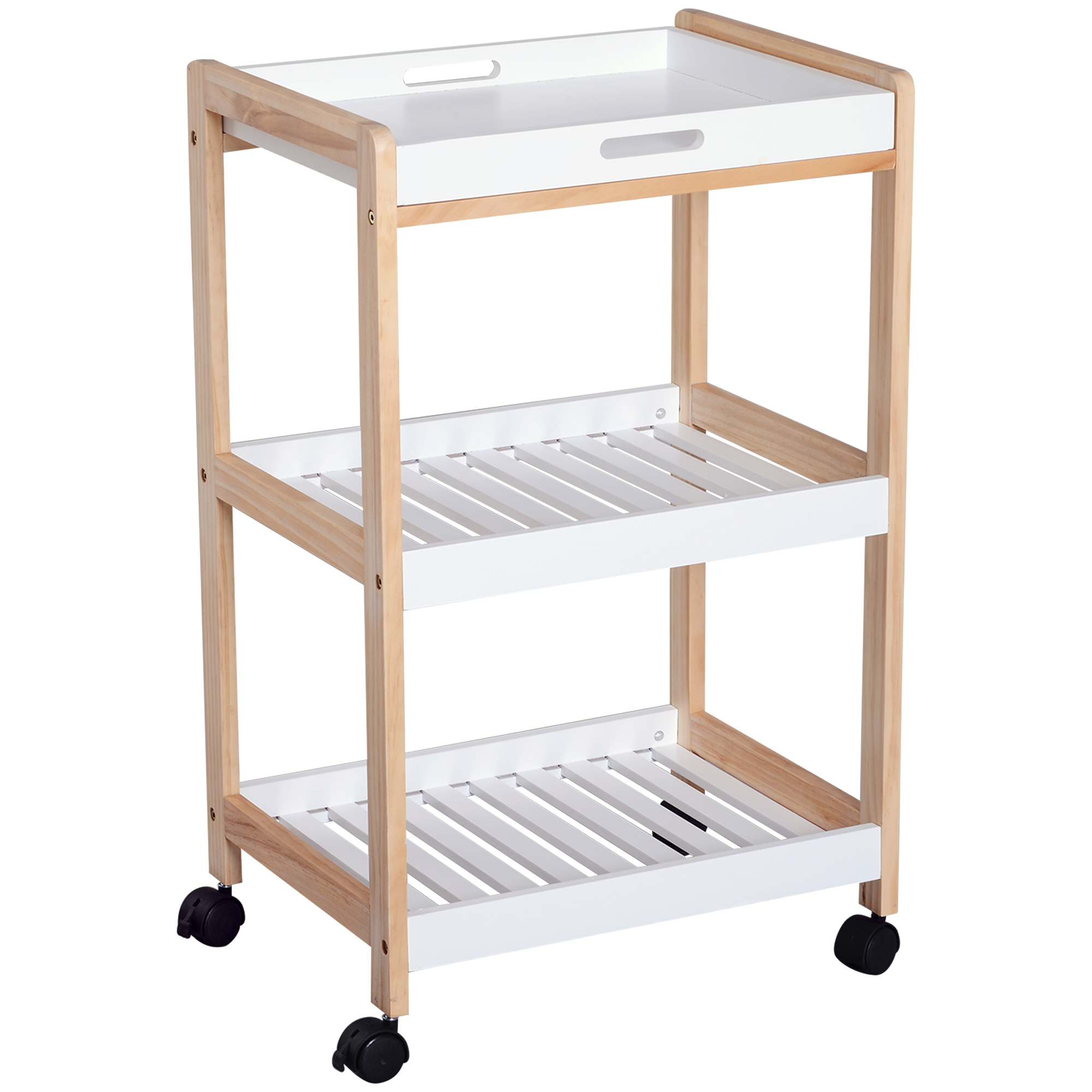 HOMCOM Carrito de servicio con ruedas para cocina 2 estantes + bandeja desmontable de madera de pino MDF blanco