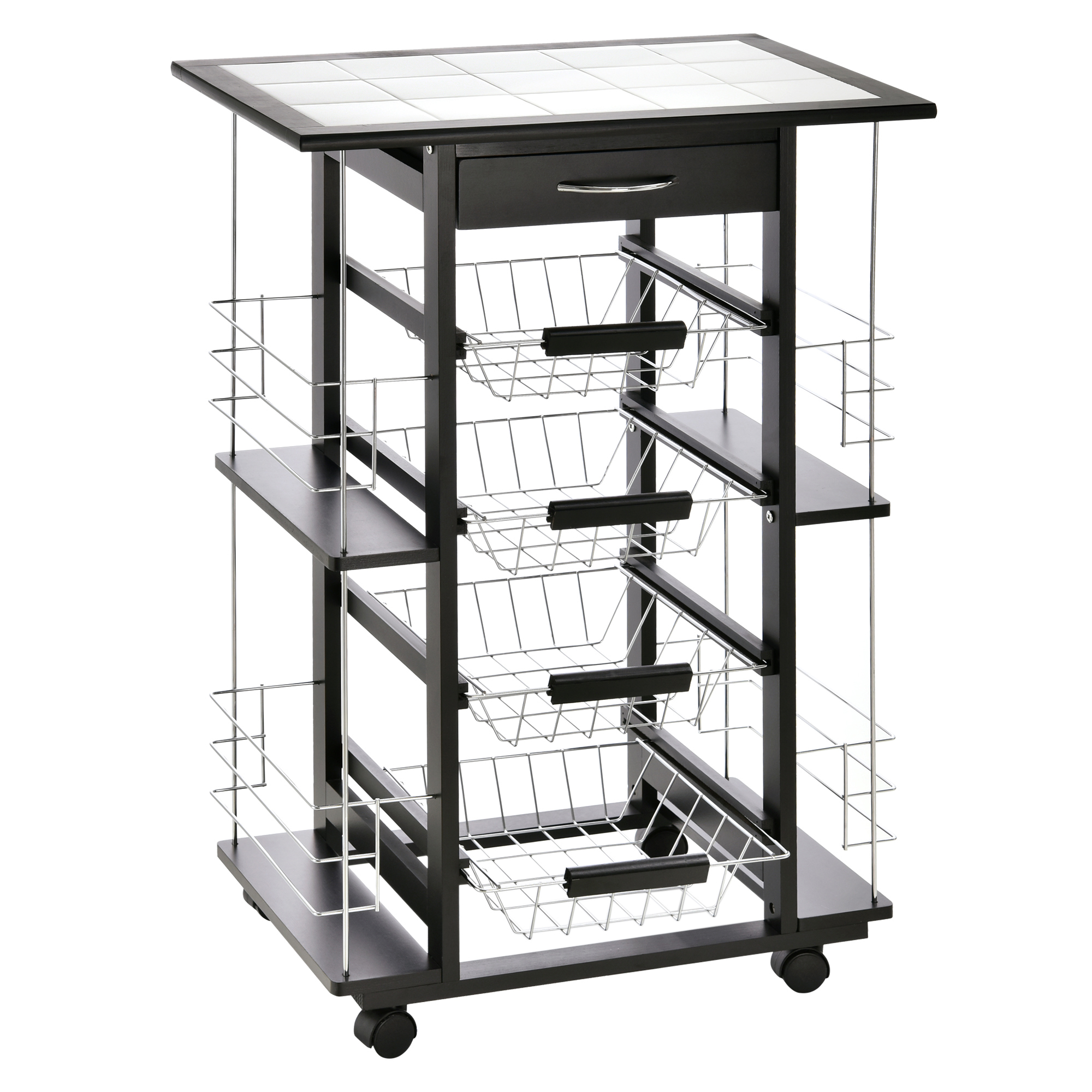 HOMCOM Carrito de servicio para cocina con ruedas multiusos, 4 cestas metálicas, cajón + 4 espacios para botellas, madera de pino negro, encimera de azulejos blancos