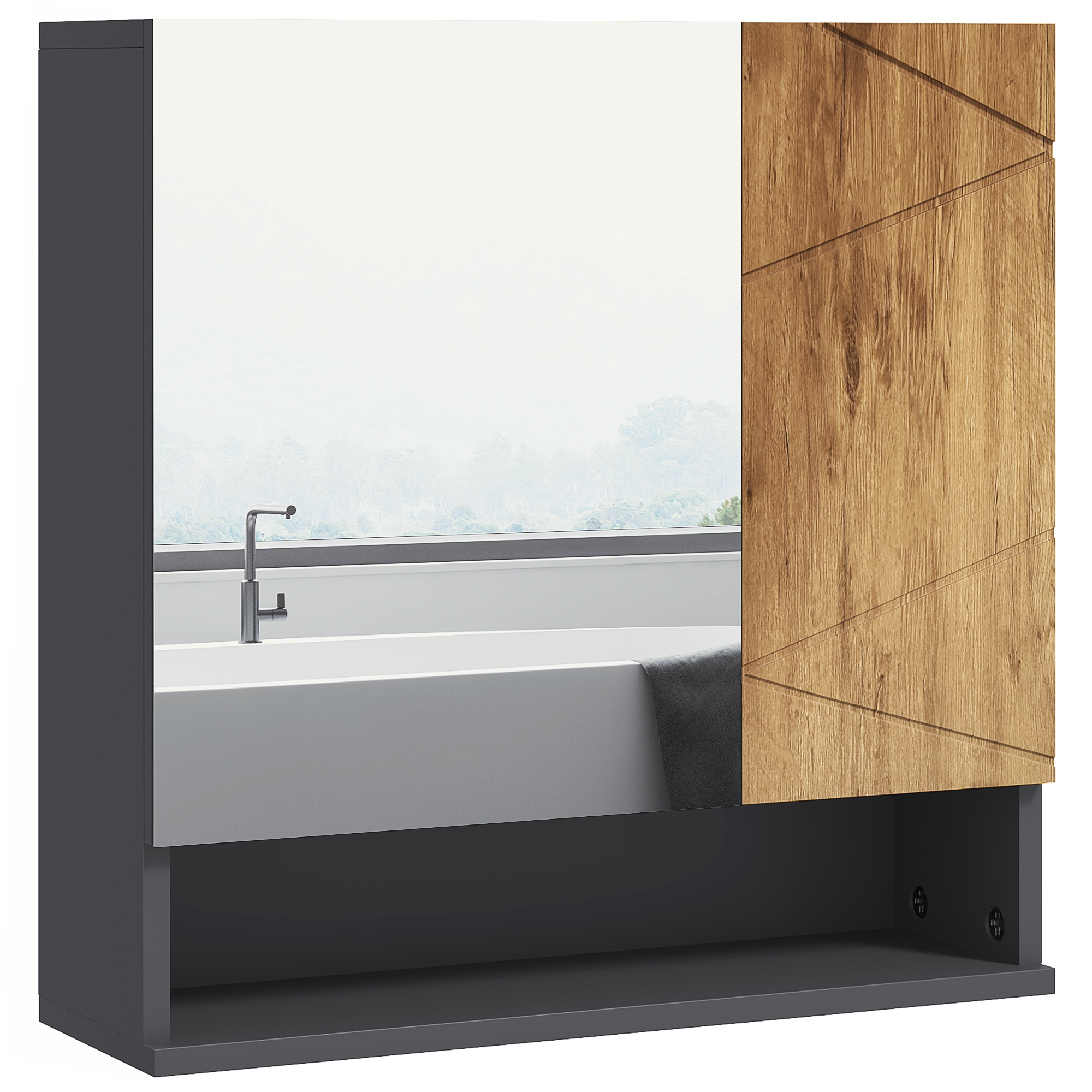 kleankin Armario mural espejo de baño armario de almacenamiento 2 puertas 55 x 17 x 55 cm natural gris oscuro