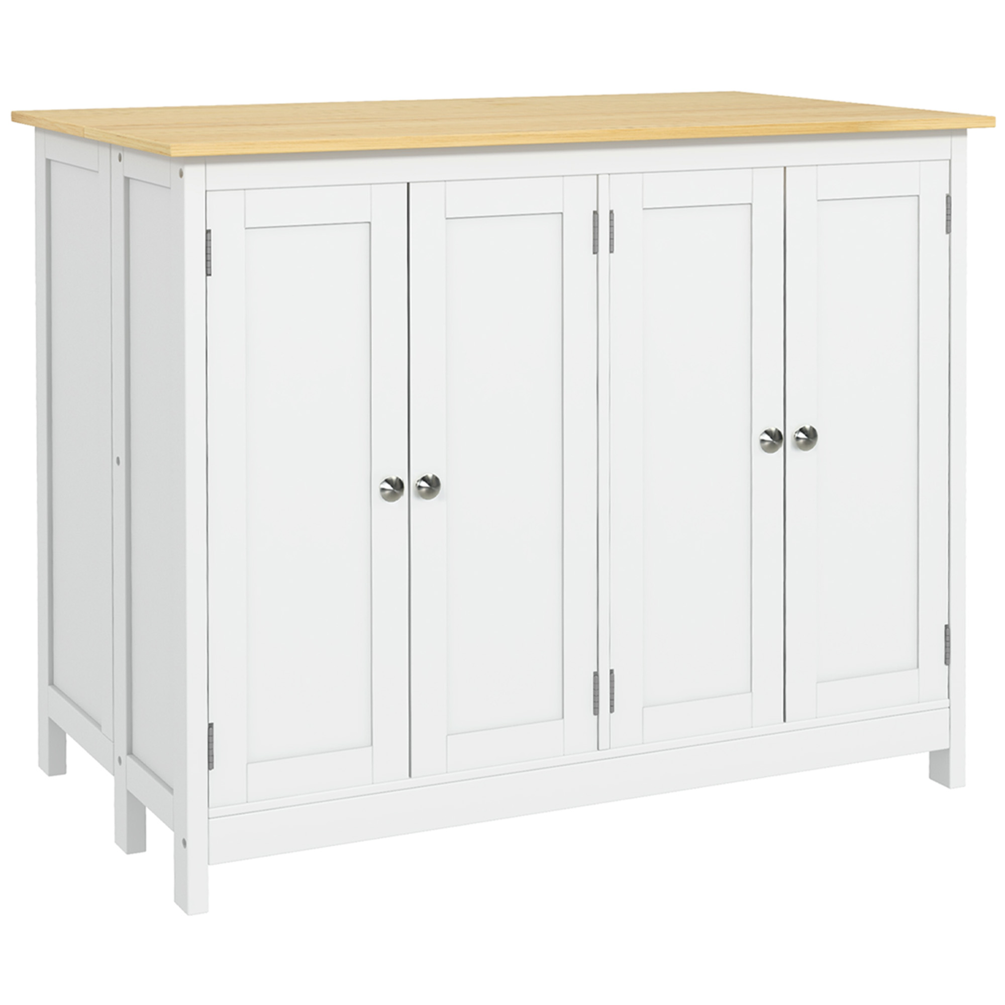 HOMCOM Carro isla de cocina con 2 taburetes encimera abatible 2 armarios con 4 puertas diseño moderno blanco