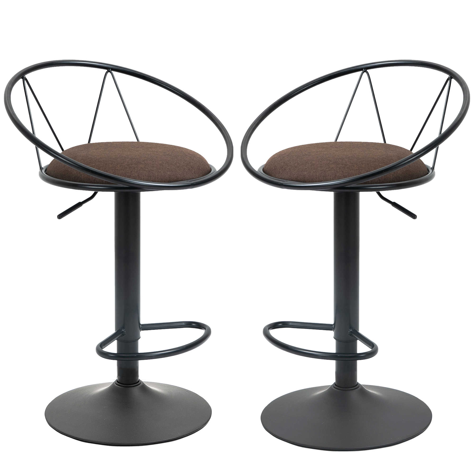HOMCOM Lote de 2 taburetes de Bar Diseño neorretro ajustable giratorio con Reposapiés metal Negro Lino Marrón