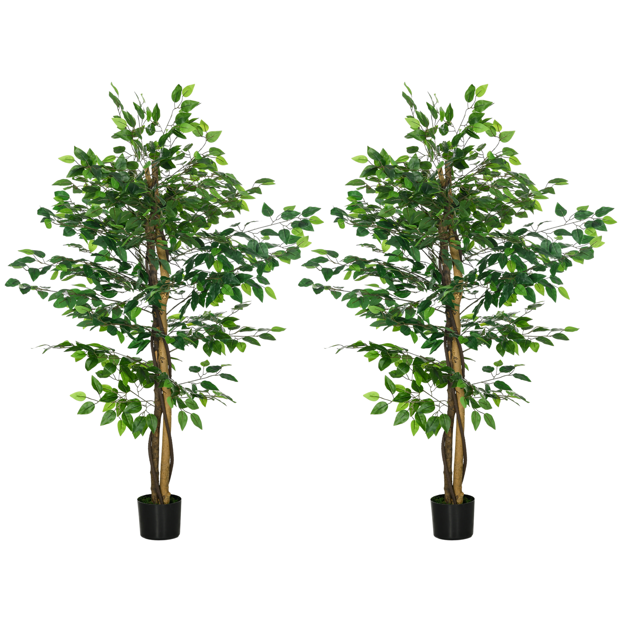 HOMCOM Lote de 2 plantas artificiales ficus altura 1,50 m tronco ramas lianas líquen hojas gran realismo maceta incluida verde