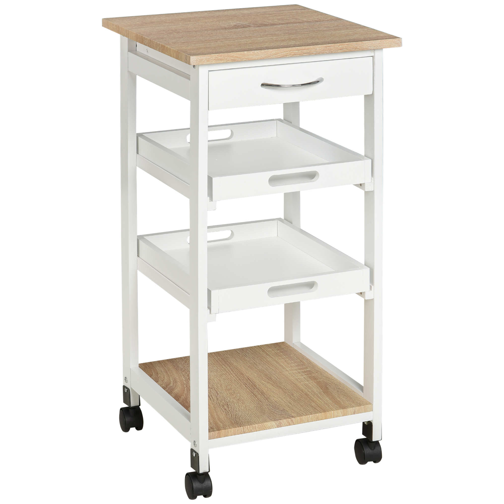HOMCOM Carrito de servicio carrito de cocina con ruedas 2 bandejas extraíbles, cajón, estante roble claro madera de pino blanco