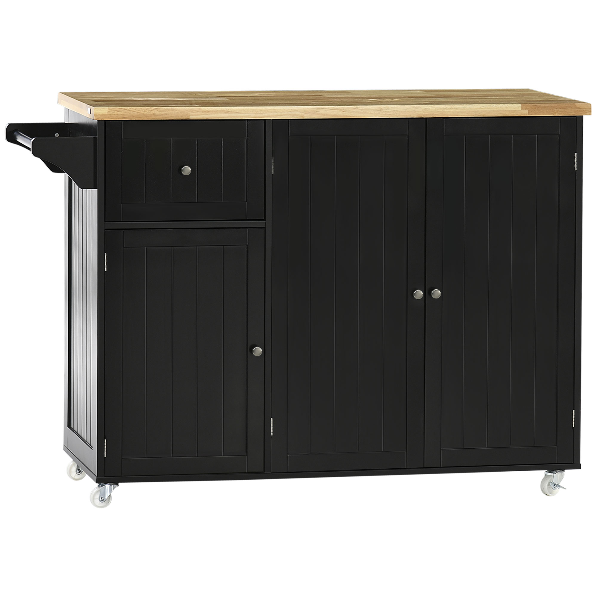 HOMCOM Carrello isola da cucina con multi-spazi di archiviazione 1 cassetto 2 armadietti 3 porte con ripiano porta strofinacci legno di gomma nero