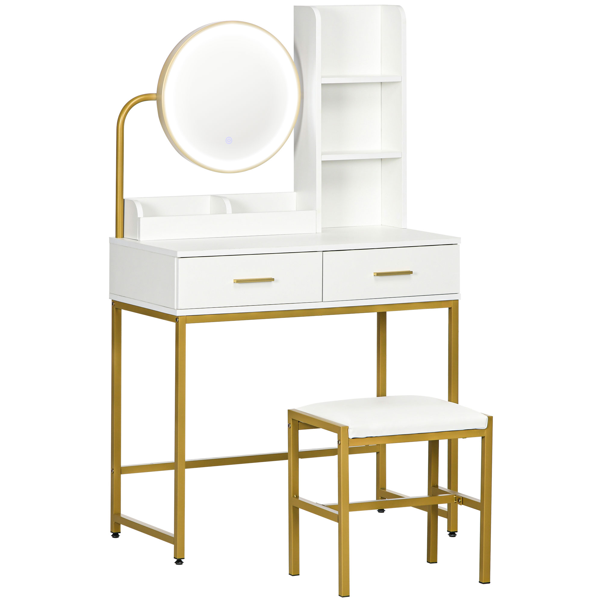 HOMCOM Tocador Mesa de Maquillaje con Espejo Iluminado LED y Taburete, Cajones y Estantes, Blanco