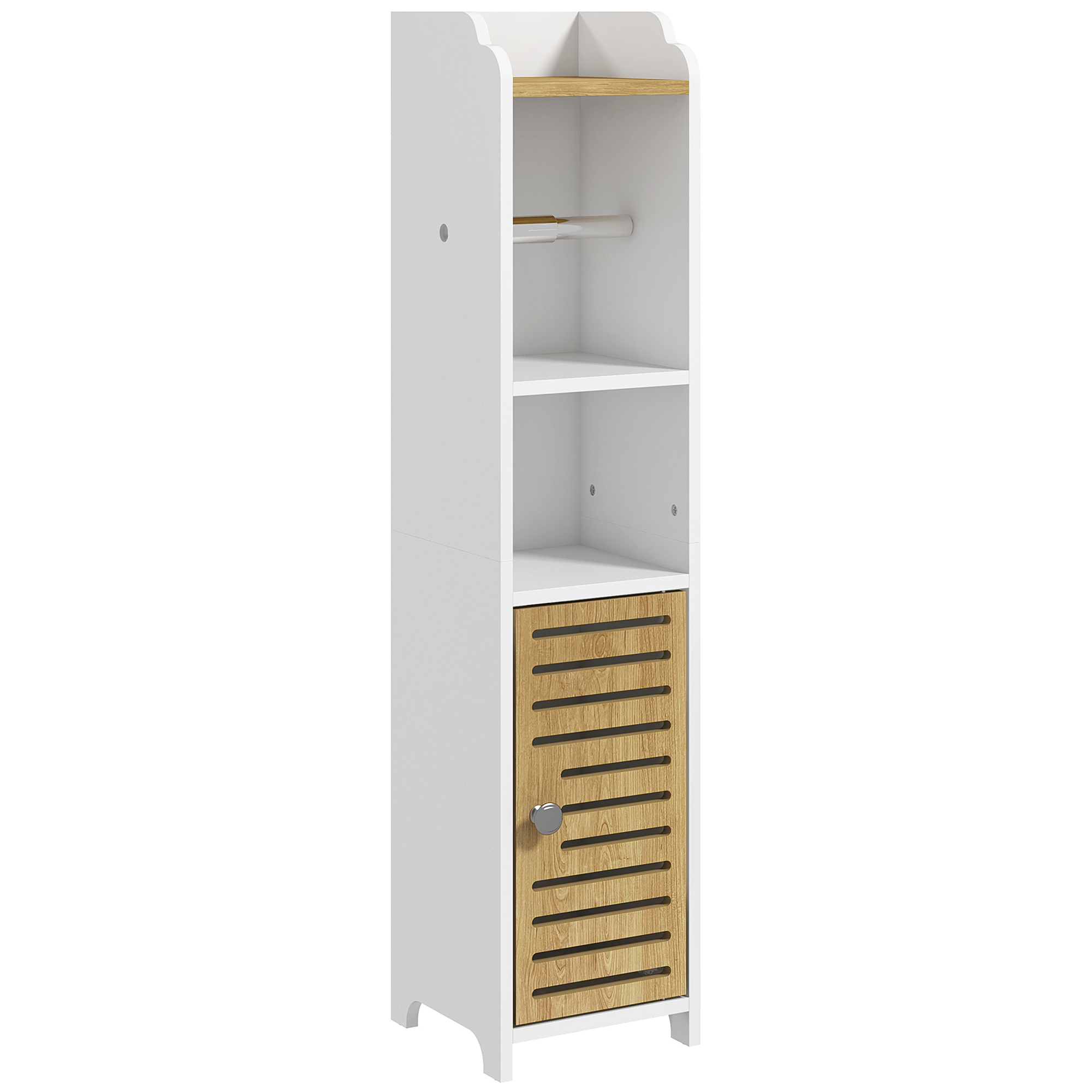 kleankin Armário Casa de Banho Moderno com Prateleiras e Suporte para Papel Higiénico 18x20x90 cm Branco e Madeira   Aosom Portugal