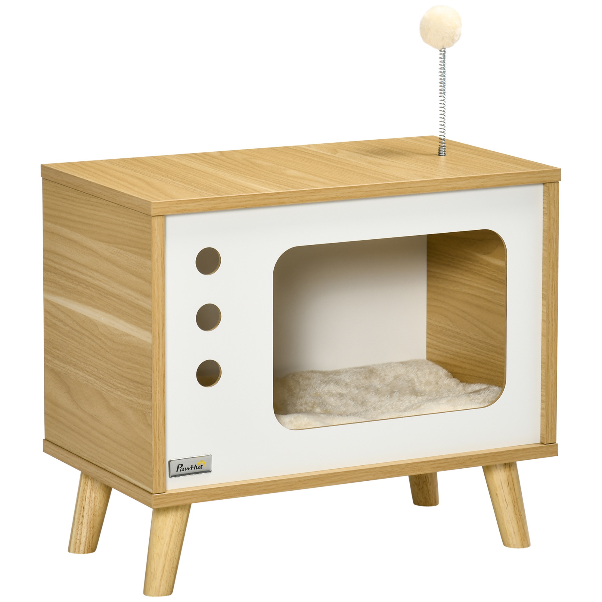 PawHut Mesa Auxiliar Casa para Gatos Estilo Televisor com Almofada Suave Lavável Bola e Pés Elevados 50x28x43cm Carvalho