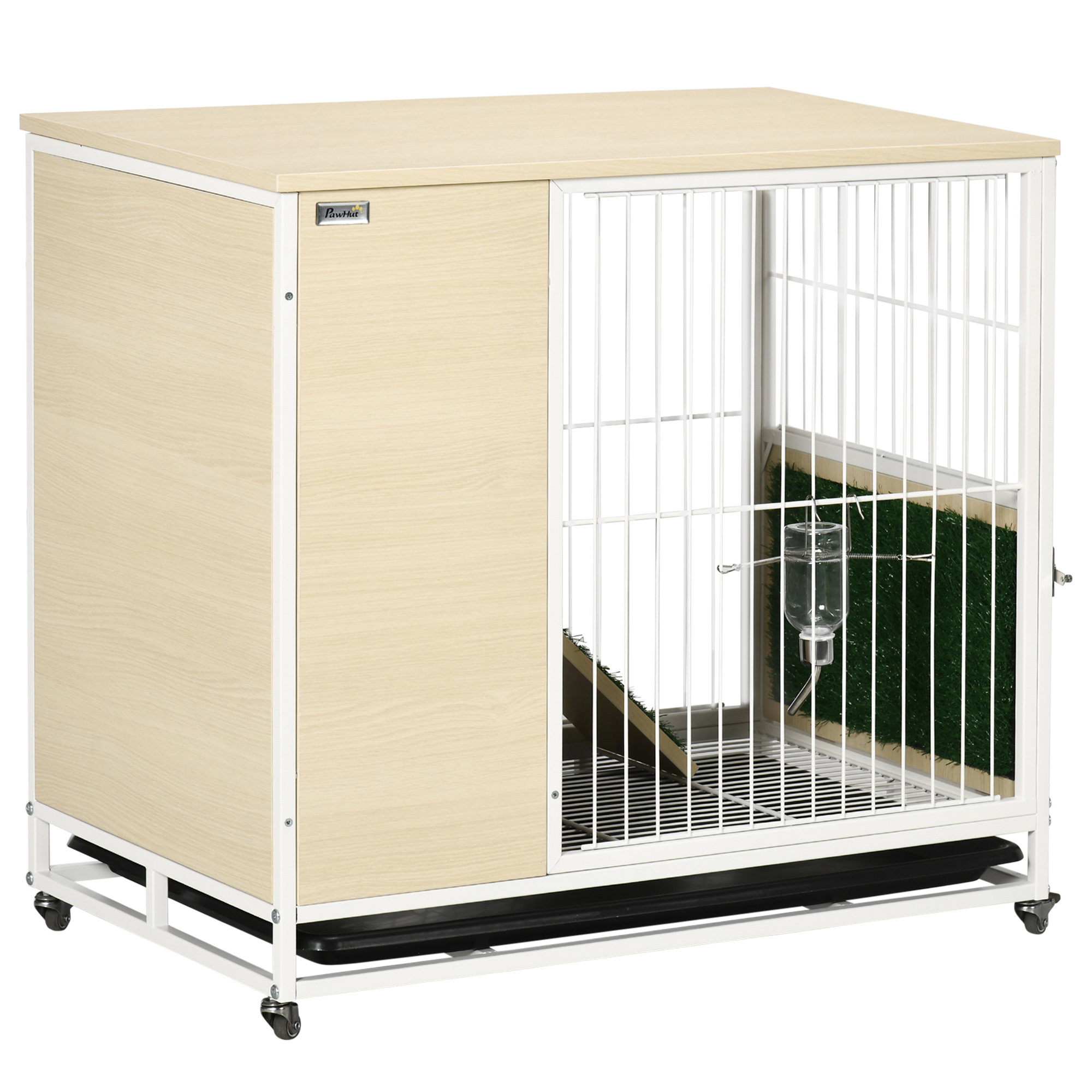 PawHut Coelheira de Madeira com Rodas Móvel Coelheira com Teto Abatível Bandeja Amovível Bebedouro e Rampa 78×52,5×76,5cm Carvalho