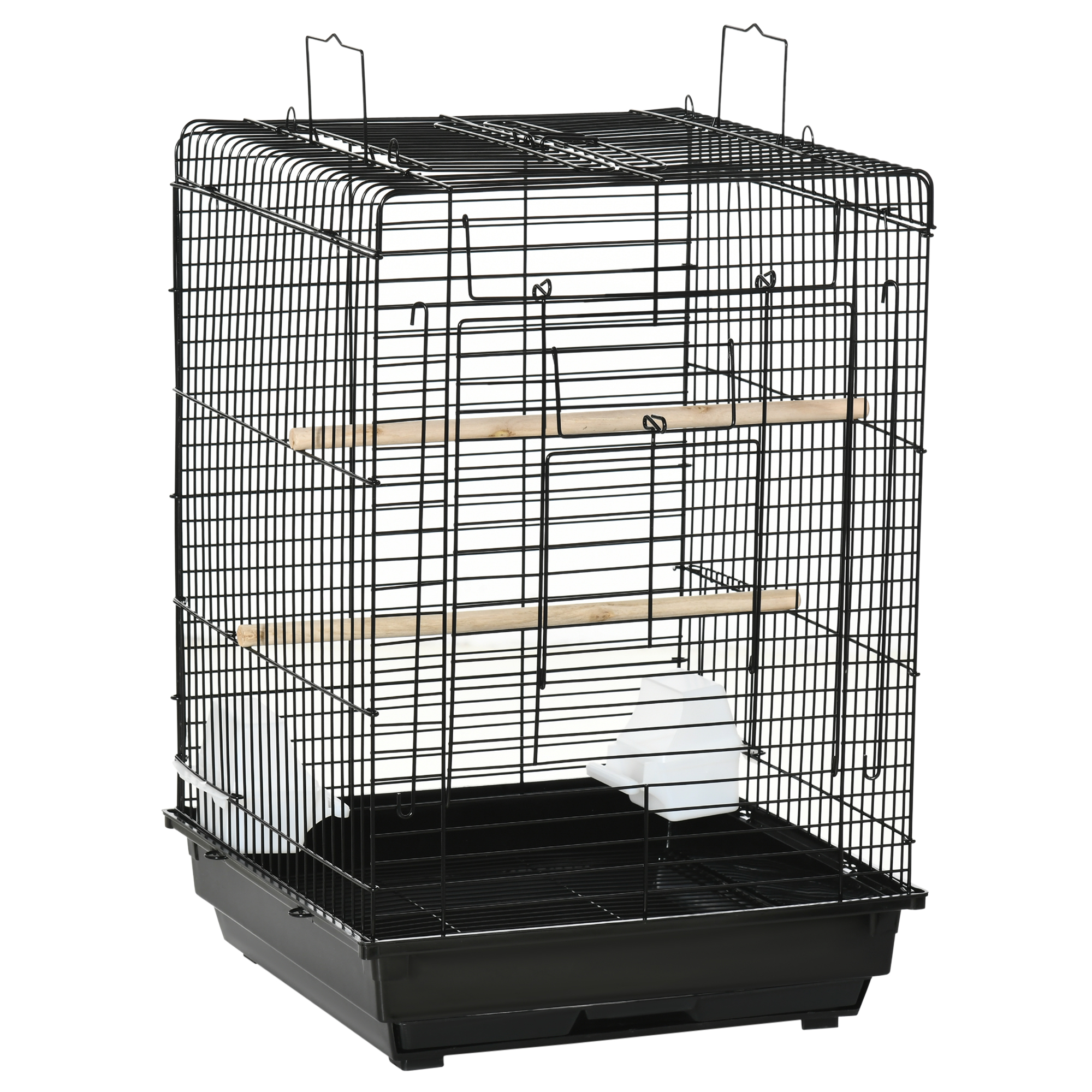 PawHut Gaiola para Pássaros com Teto Abatível 2 Poleiros 2 Comedouros e Bandeja Amovível para Canários Periquitos 40x40x59 cm Preto