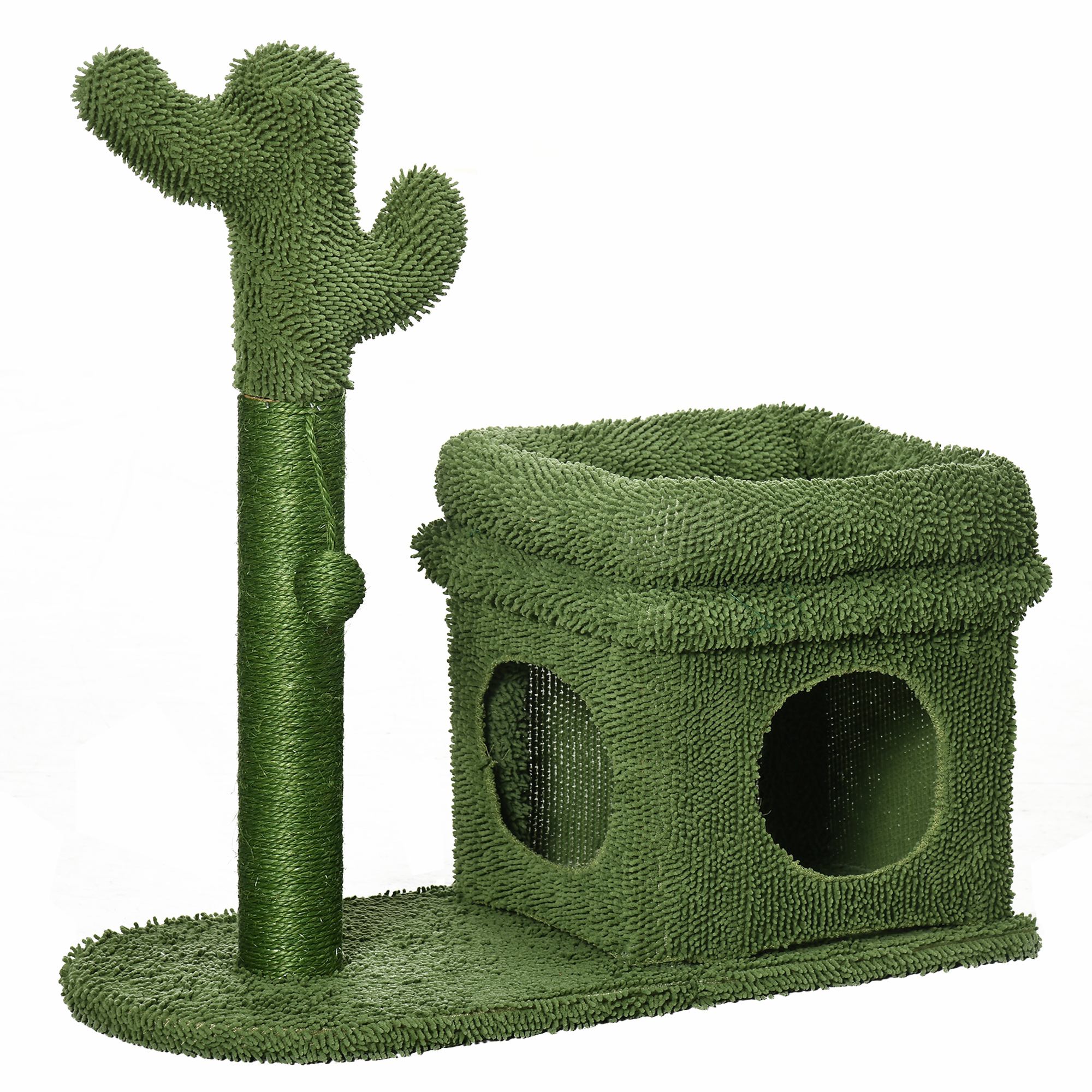 PawHut Árvore Arranhador para Gatos Desenho de Cacto com Cama Casa de Pelúcia Poste de Sisal e Bola Suspensa 68x30x67cm Verde