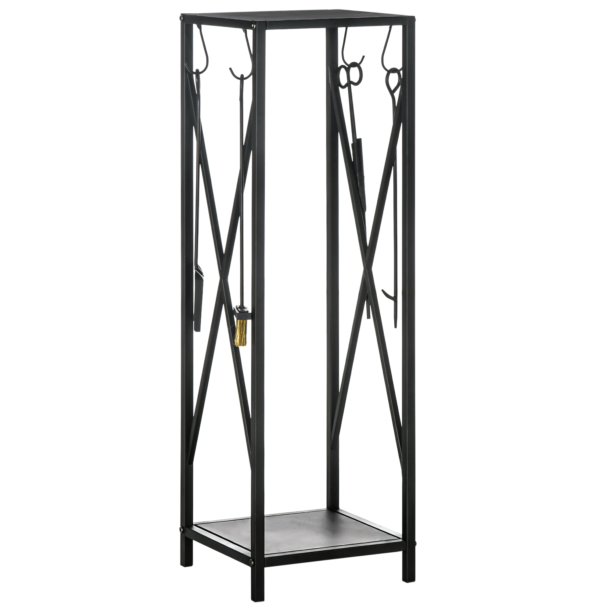 Outsunny Suporte Lenha Estante Exterior Lenheiro Ganchos Pá Escova Atiçador Tenaz Carga 60 kg 34x34x111 cm Preto Resistente Aosom Portugal