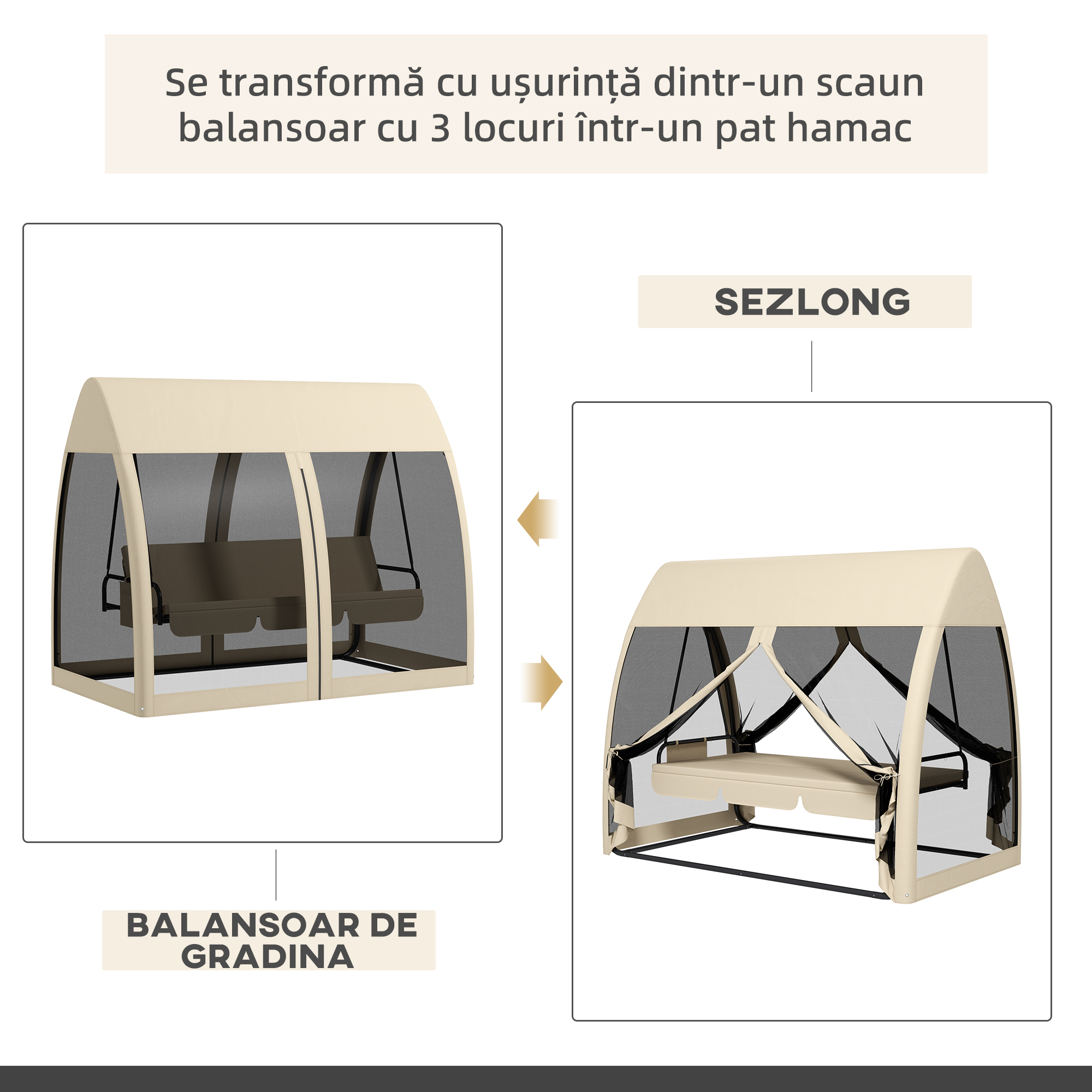  Leagan de gradina 2 in 1 convertibil in pat cu perne si plasa de tantari, 240x140x197 cm, Cafeniu [3]