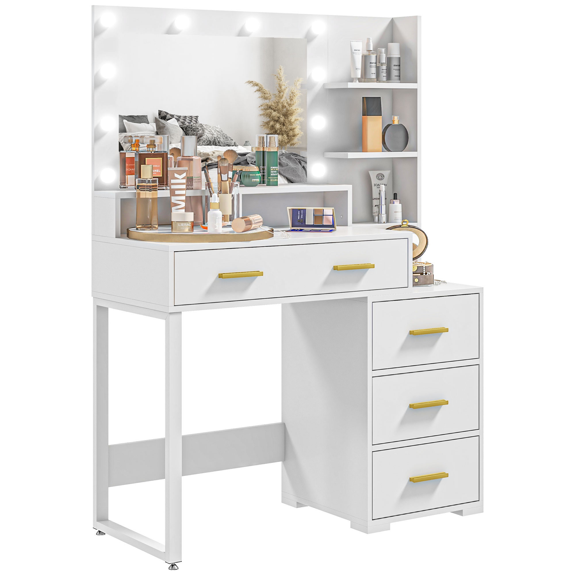 HOMCOM Coiffeuse avec miroir et 9 lumières LED, 4 tiroirs et 6 compartiments ouverts, 100 x 40 x 138 cm, blanc