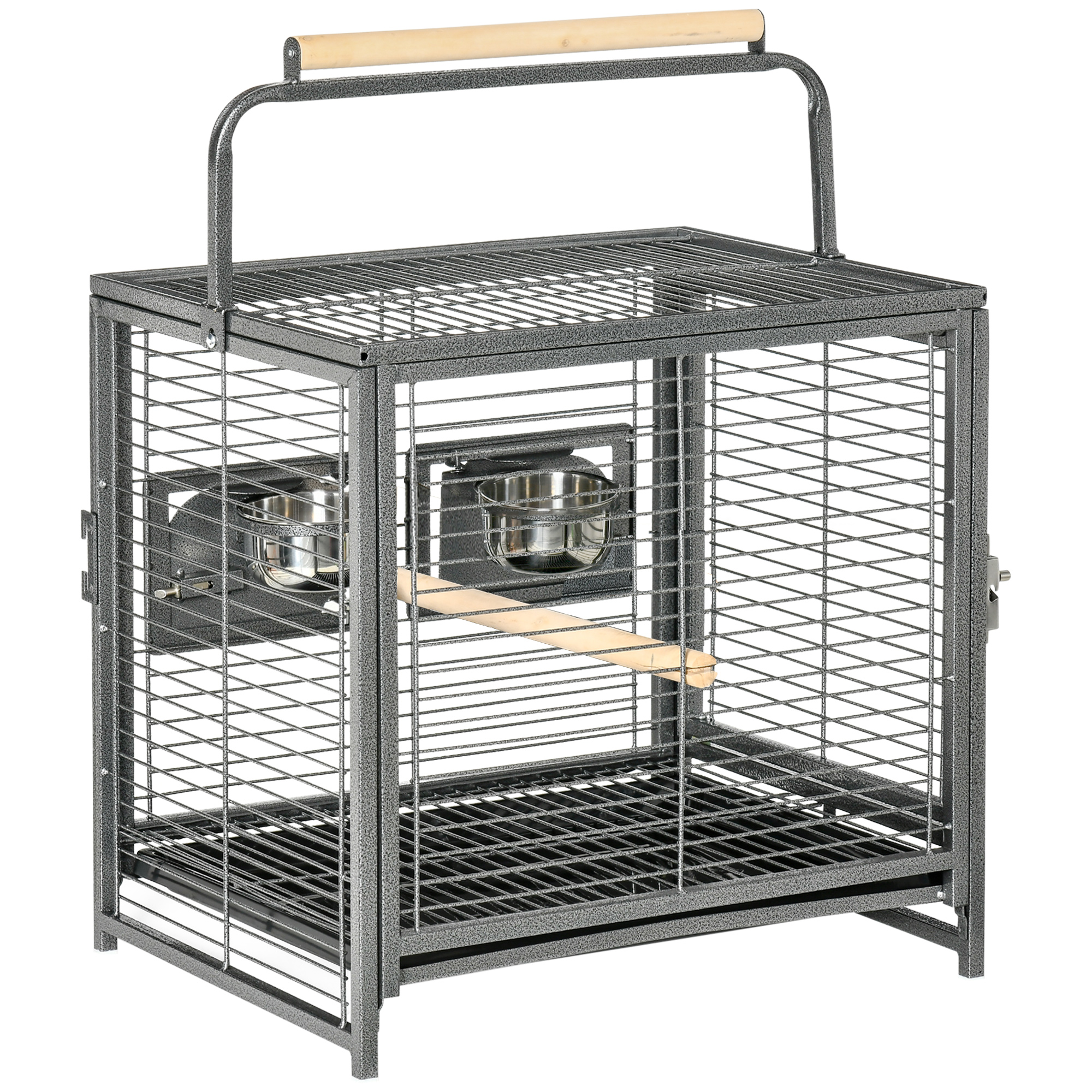 PawHut Cage de transport en acier pour perroquets, cage à oiseaux avec 2 bols en acier inoxydable, 2 perchoirs, plateau, noir