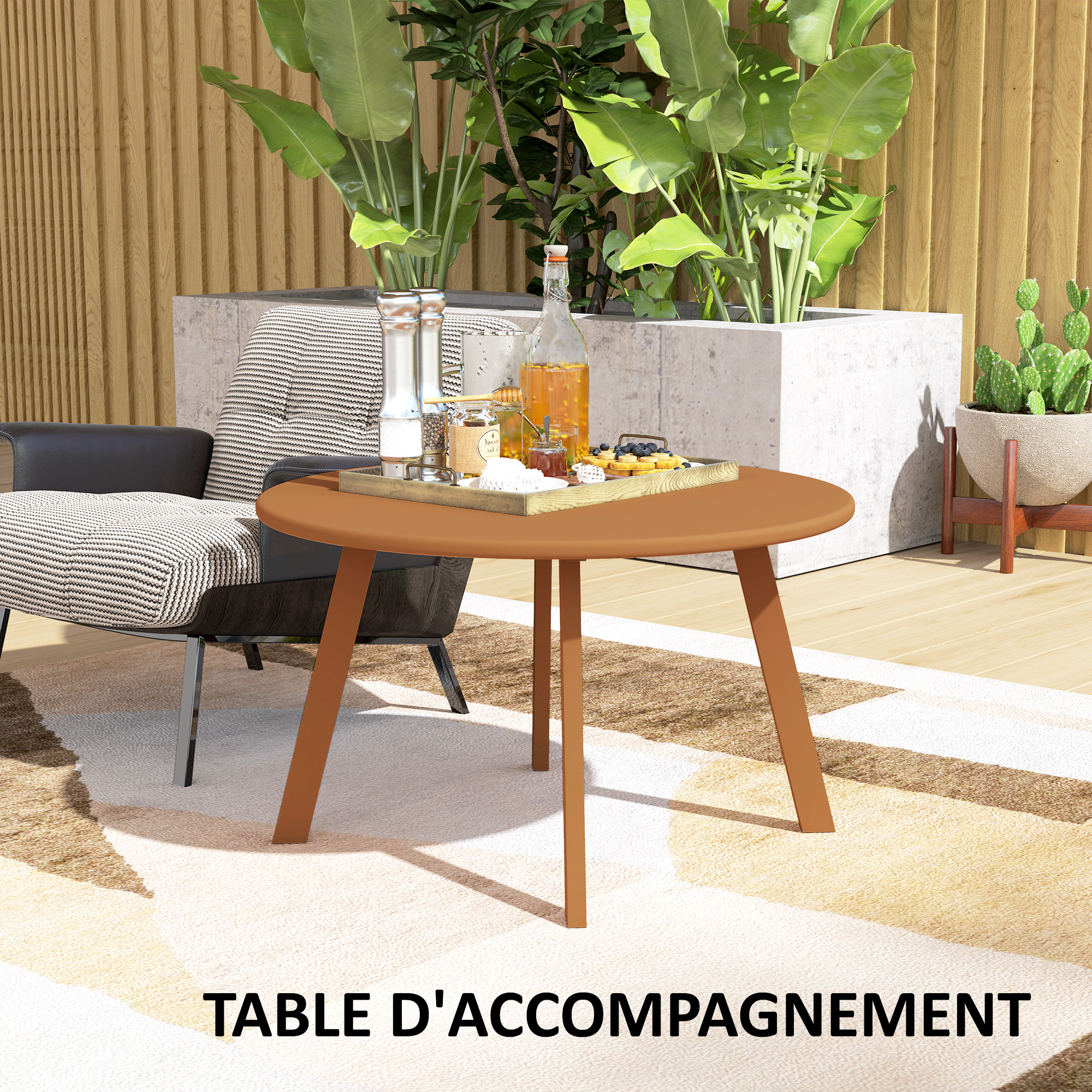 Table Basse Ronde Outsunny Ø70cm - Métal, Orange, Pour Jardin/Balcon/Salon, Patins Antidérapants