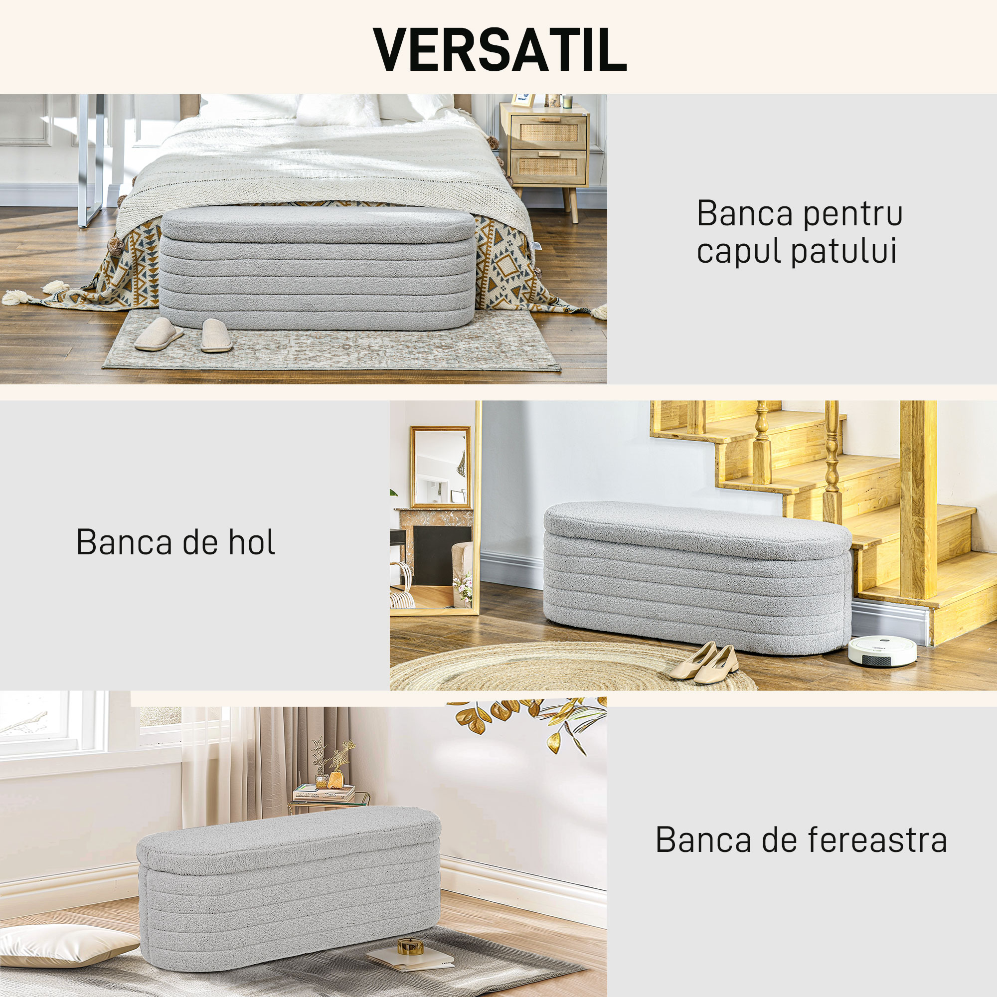  Bancheta Tapiţata cu Spaţiu de Depozitare si Picioare din Lemn de Eucalipt, 116x41x40.5 cm, Gri Deschis [5]