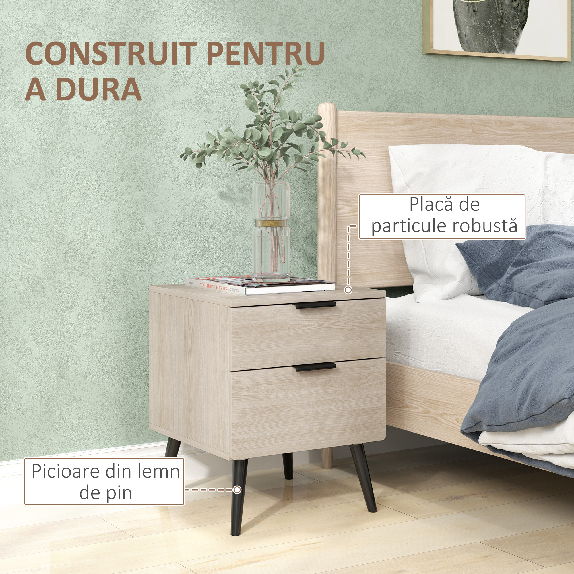  Set de 2 noptiere stil nordic cu sertar si baza inaltata, din lemn, 40x40x50 cm, culoare stejar [5]