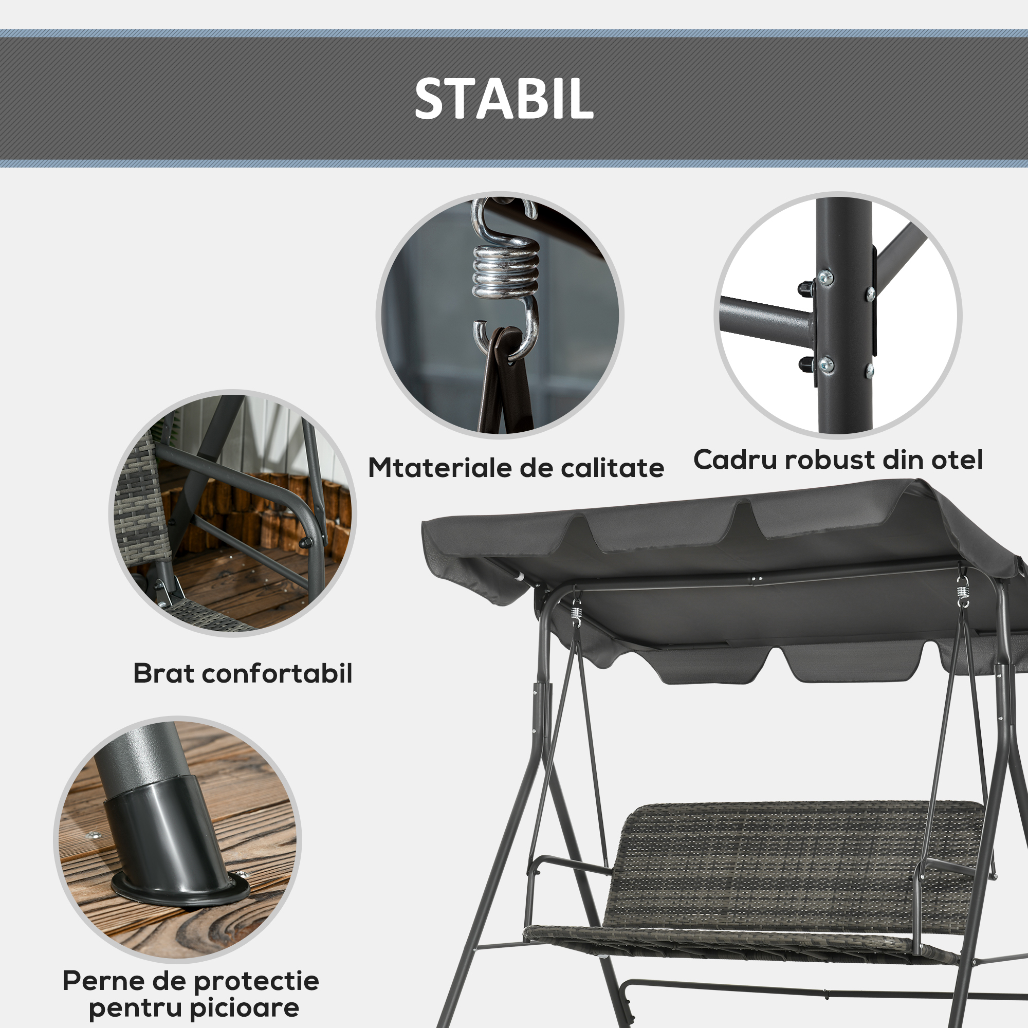  Balansoar de Gradina cu 3 Locuri si Parasolar Reglabil, 167x112x153 cm, Gri inchis [6]