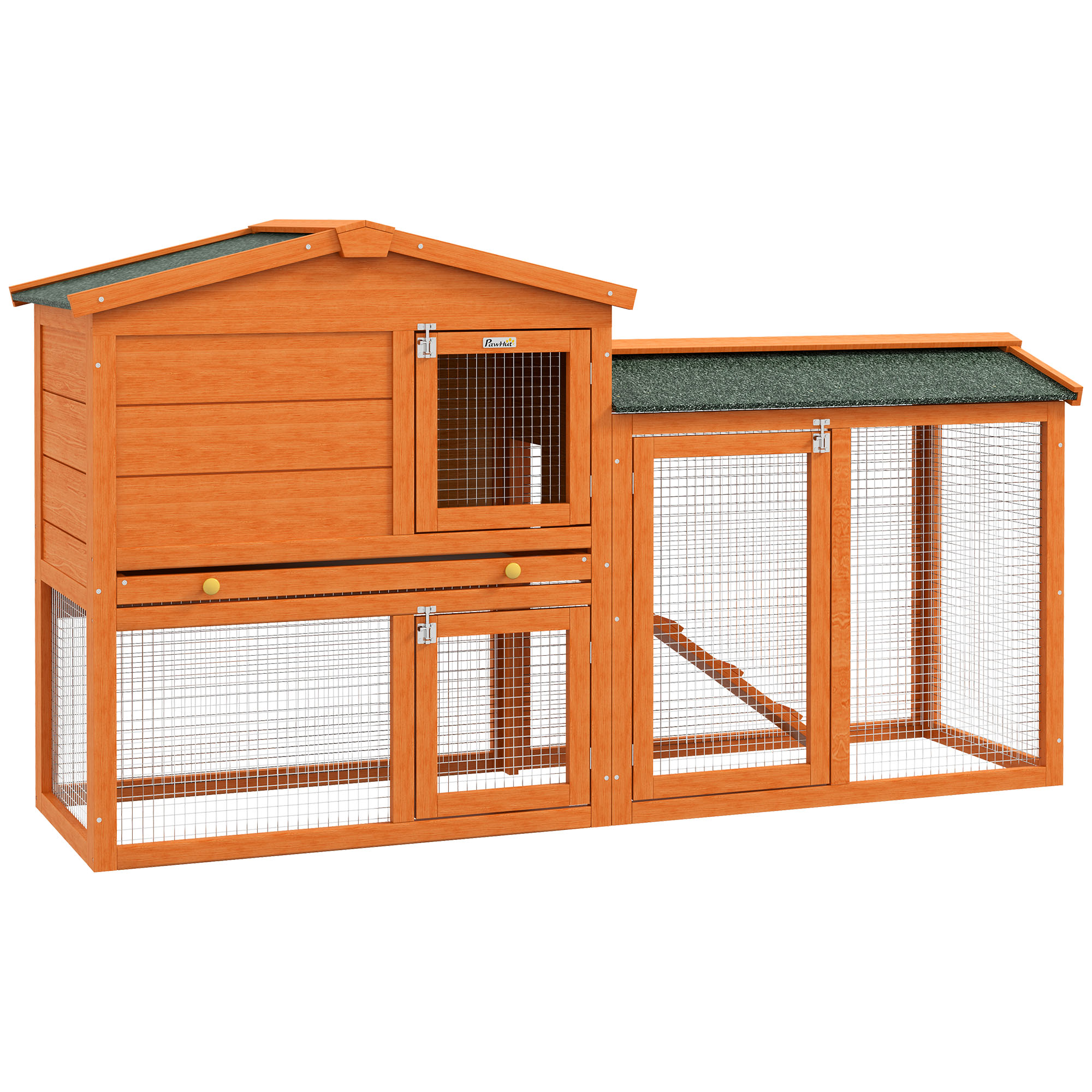 PawHut Rabbit 2 Tier Fir Wood Small Animal Hutch Guinea Pigs Hutches w/ Ramp Brown