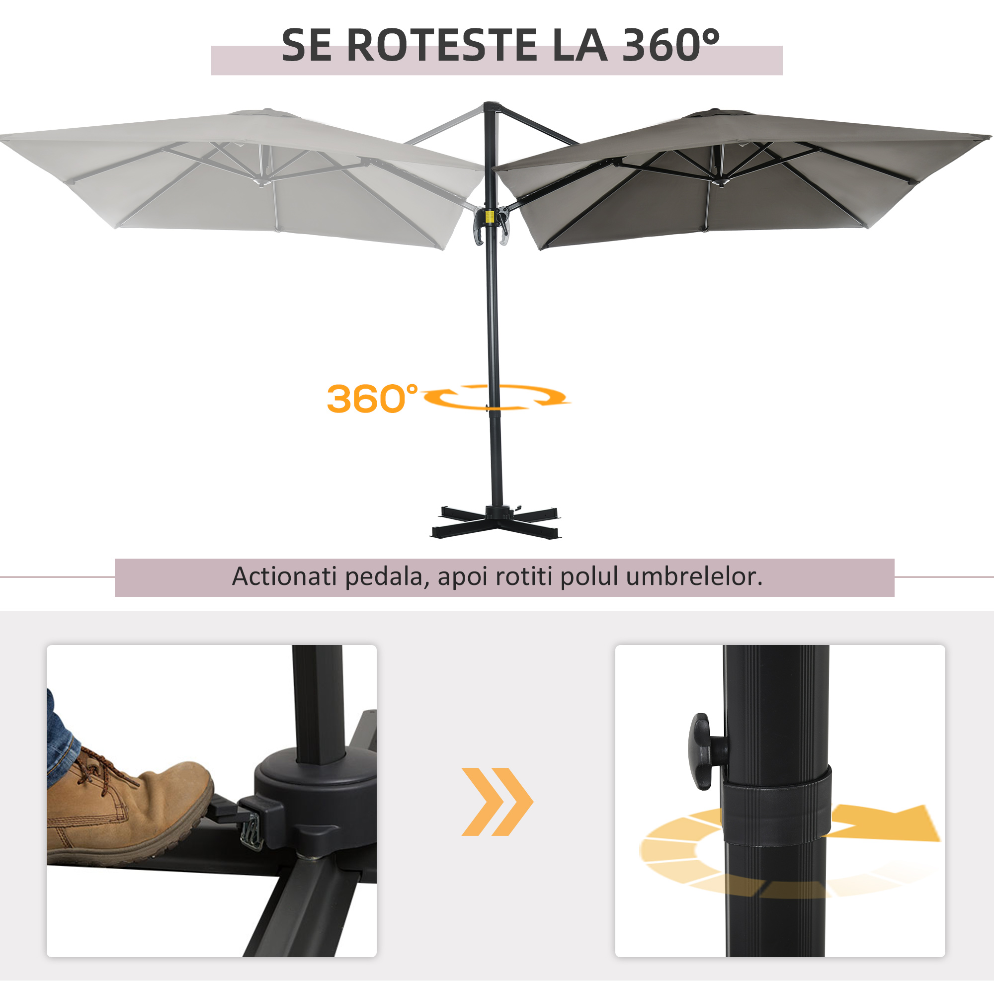  Umbrela de gradina cu manivela 2,5x2,5 m, cu rotatie 360° si parasolar reglabil, gri deschis [3]