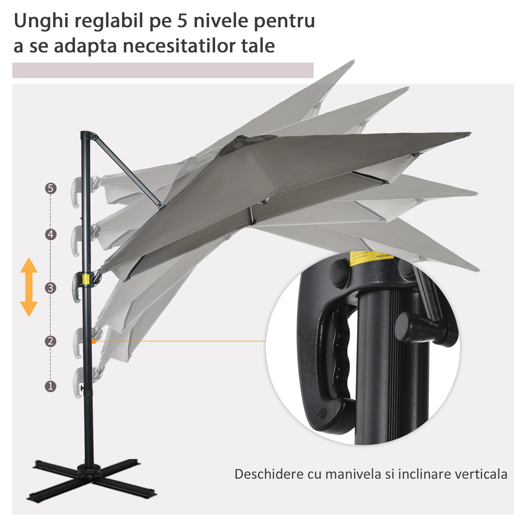  Umbrela de gradina cu manivela 2,5x2,5 m, cu rotatie 360° si parasolar reglabil, gri deschis [4]