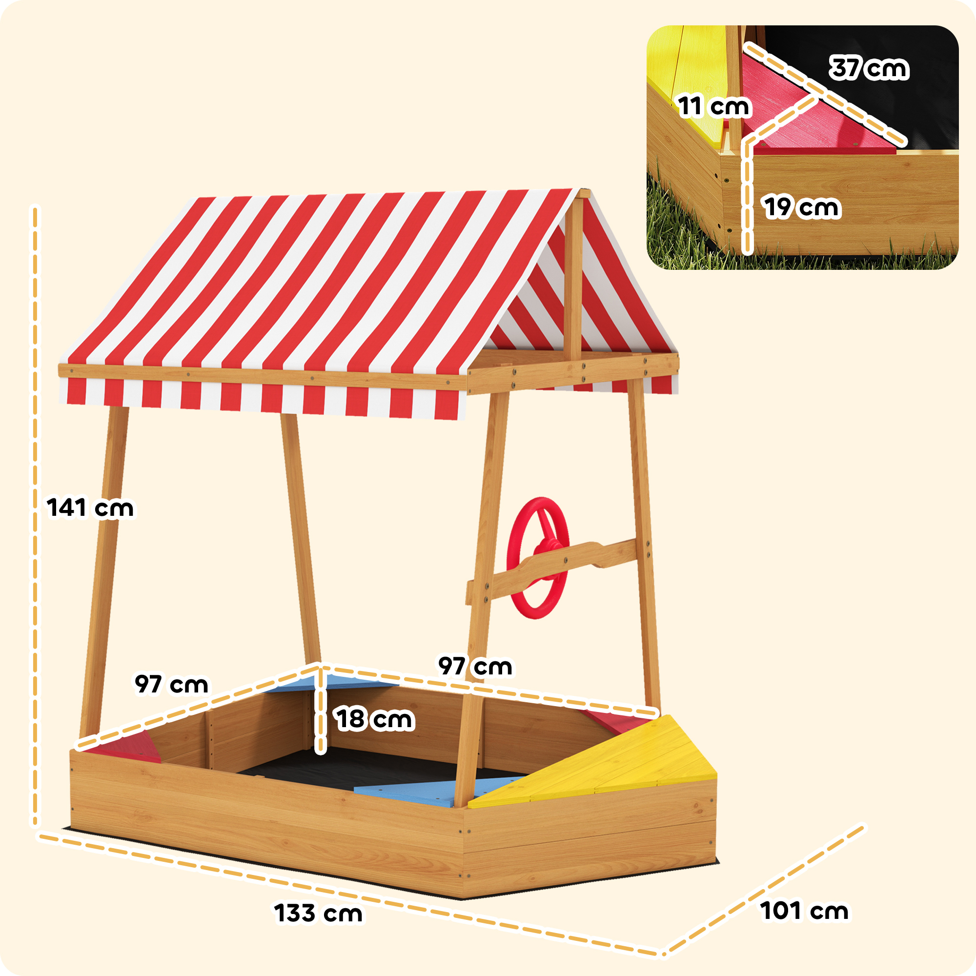 AIYAPLAY Bac à Sable En Bois 90x90x17 Cm – Thème Muraille Avec 4 Sièges Et Drapeaux – Pour Enfants 3-7 Ans – Jeux Extérieurs
