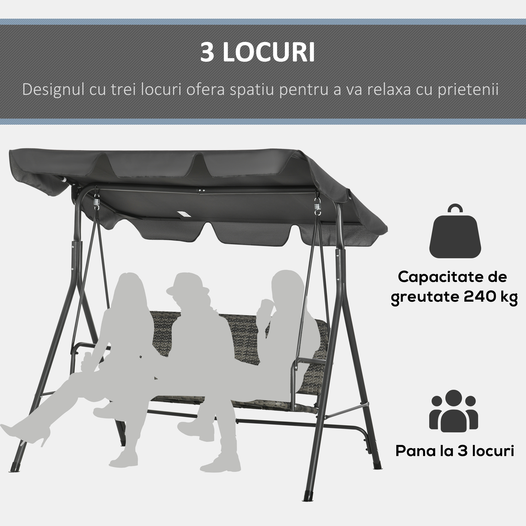  Balansoar de Gradina cu 3 Locuri si Parasolar Reglabil, 167x112x153 cm, Gri inchis [4]