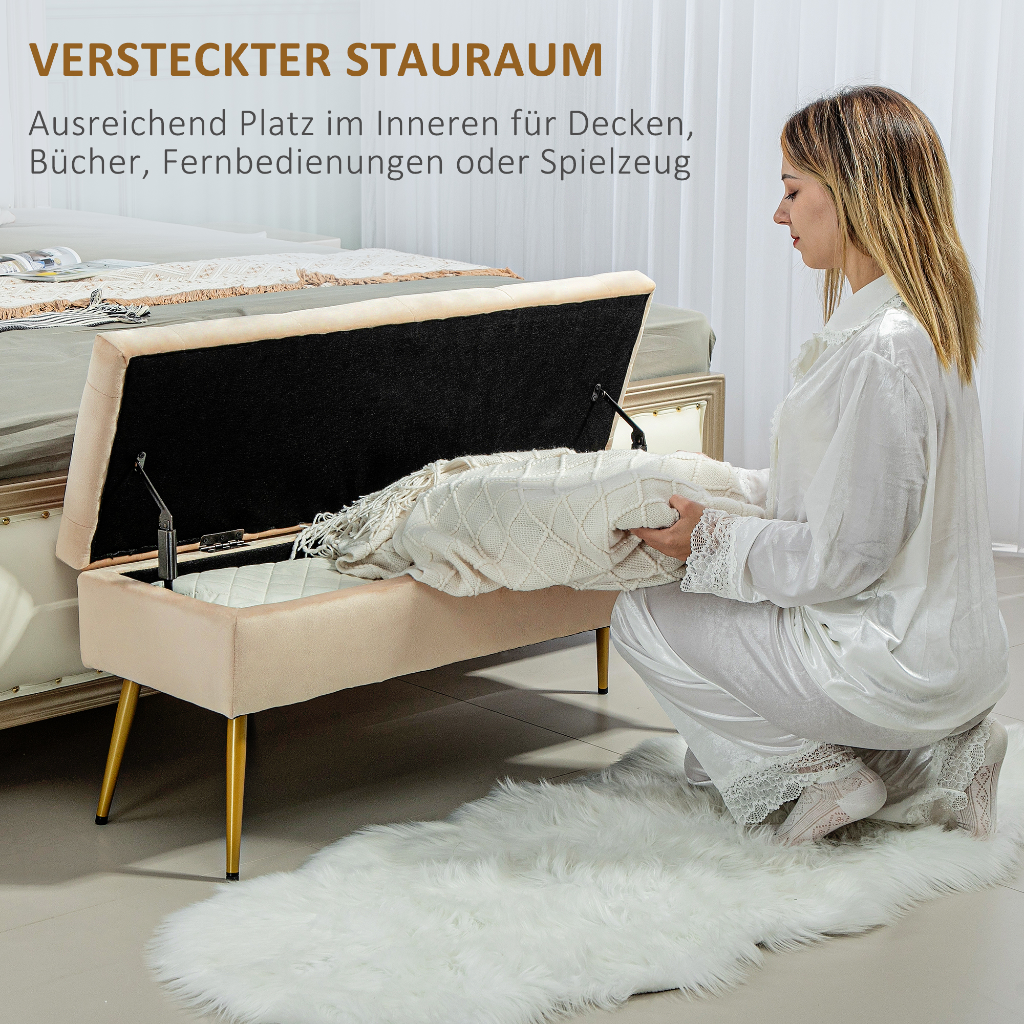 Sametist imitatsiooniga hoiupink, polsterdatud tepitud mustriga jalapink, metallraam, 102 x 35 x 43 cm, beež