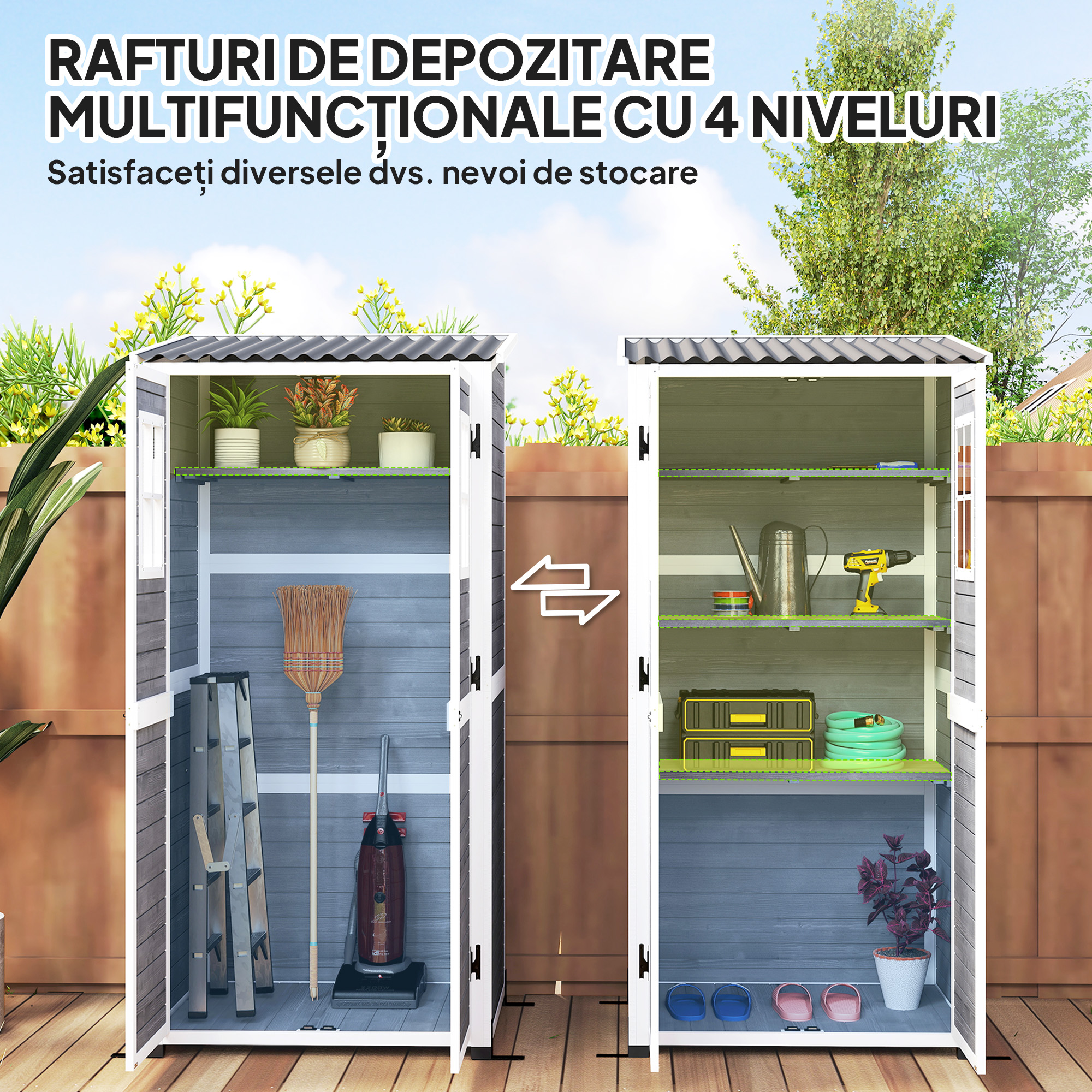  Magazie pentru Unelte de Gradina din Lemn de Brad cu 2 Ferestre si Rafturi Reglabile, 91x69x192cm, Gri Deschis [4]
