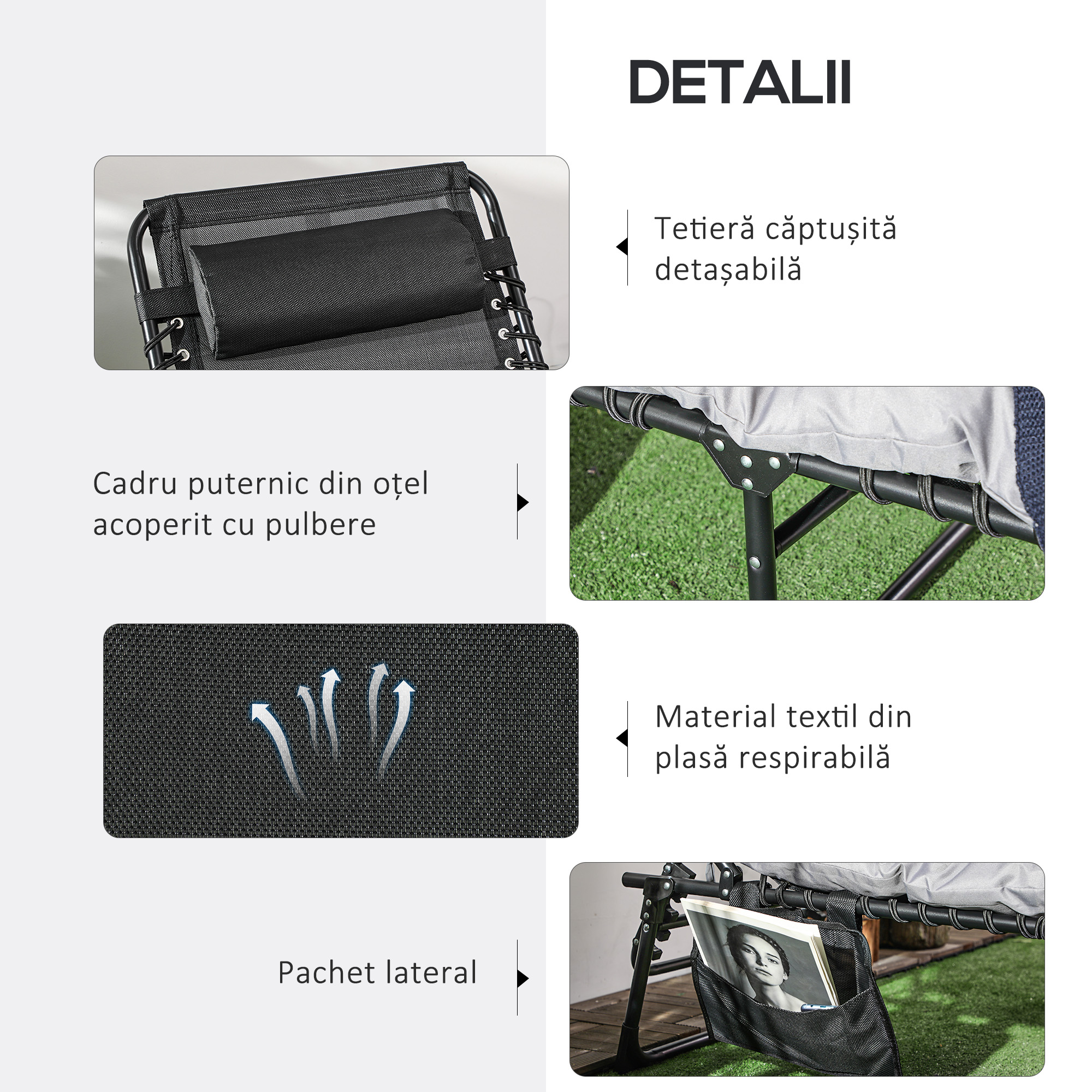  sezlong pliabil cu perna, tetiera si buzunar lateral, 58x189x32,5 cm, gri deschis [5]