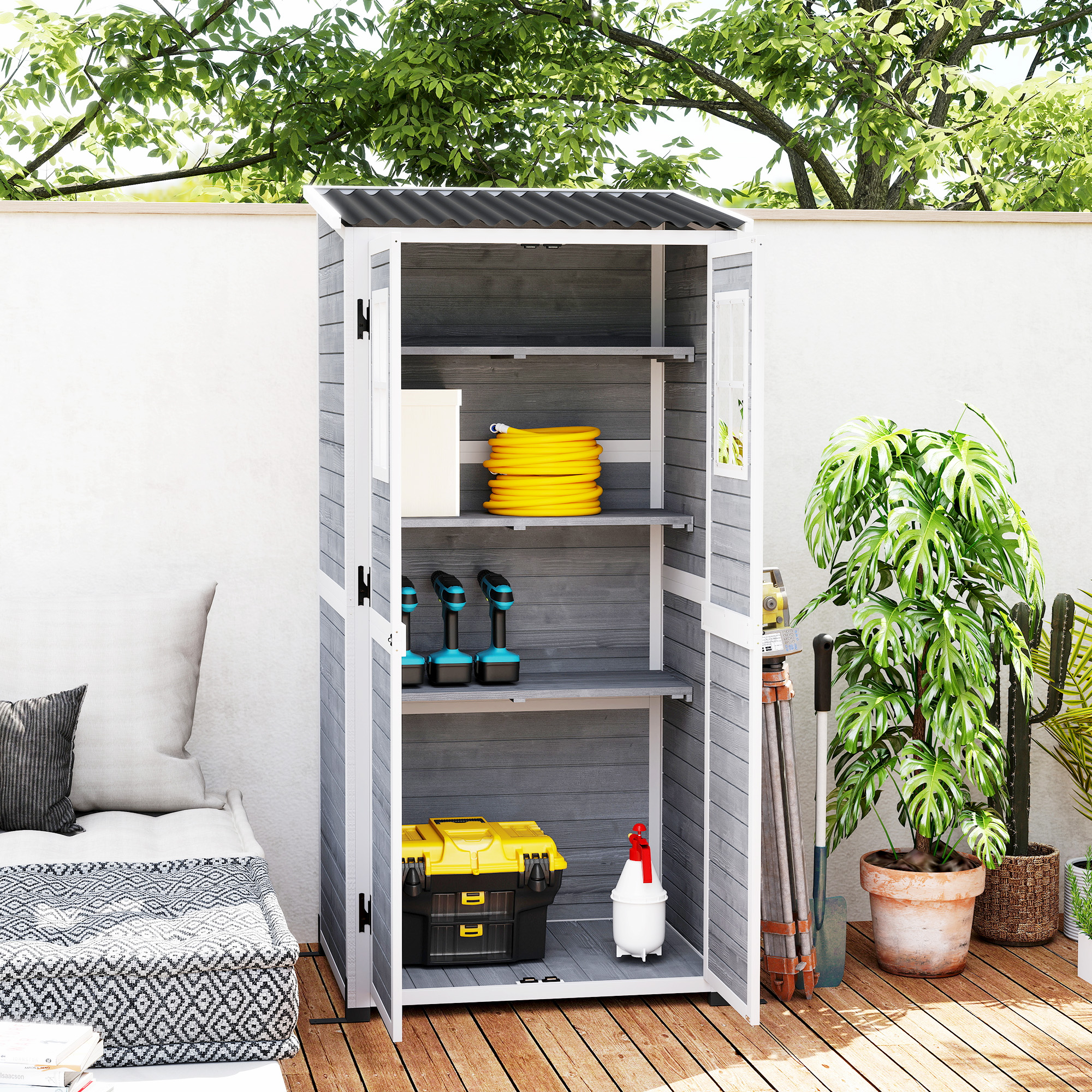  Magazie pentru Unelte de Gradina din Lemn de Brad cu 2 Ferestre si Rafturi Reglabile, 91x69x192cm, Gri Deschis [8]