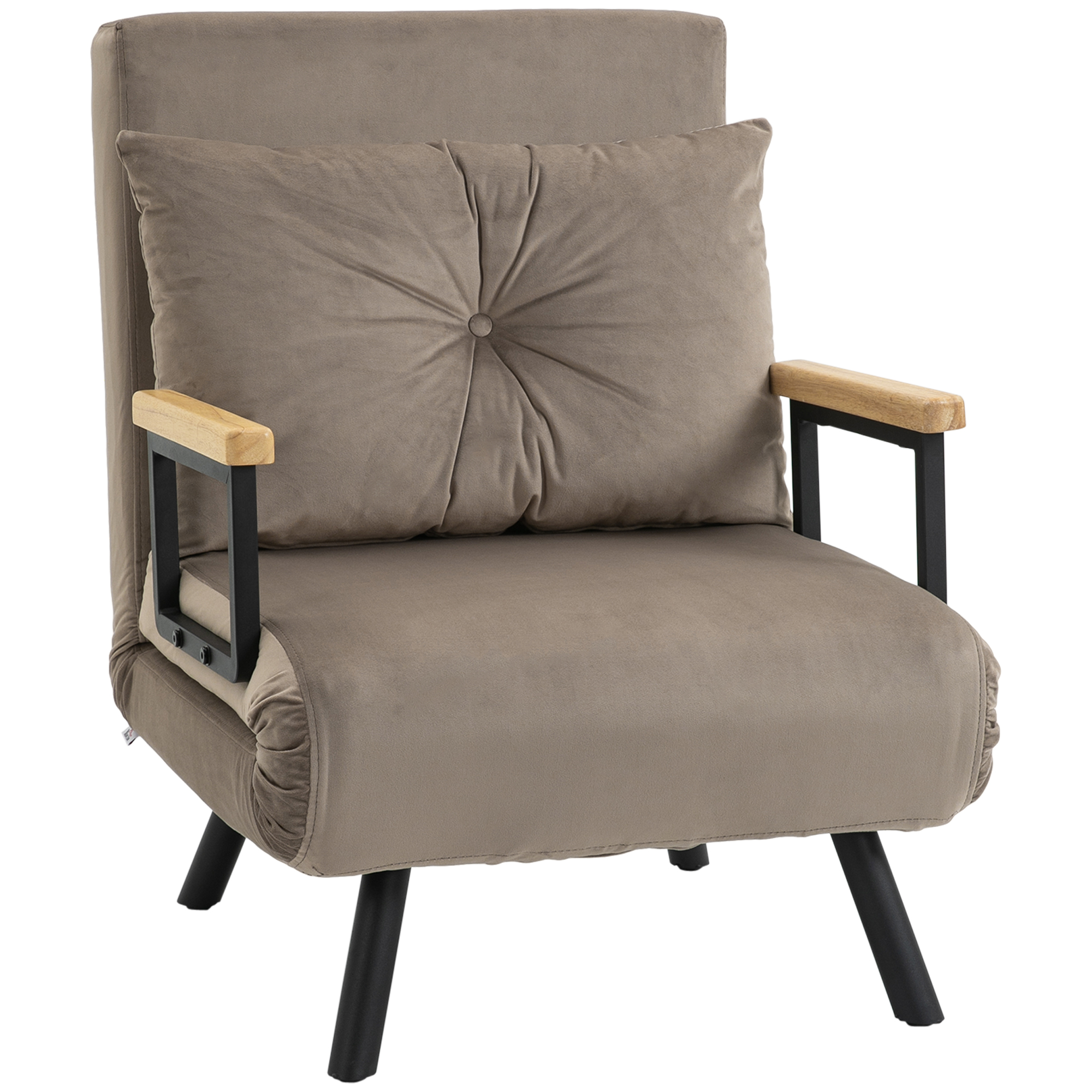 HOMCOM Fauteuil convertible 3 en 1 lit 1 place dossier 5 positions, accoudoirs en bois et coussin, tissu effet velours, marron
