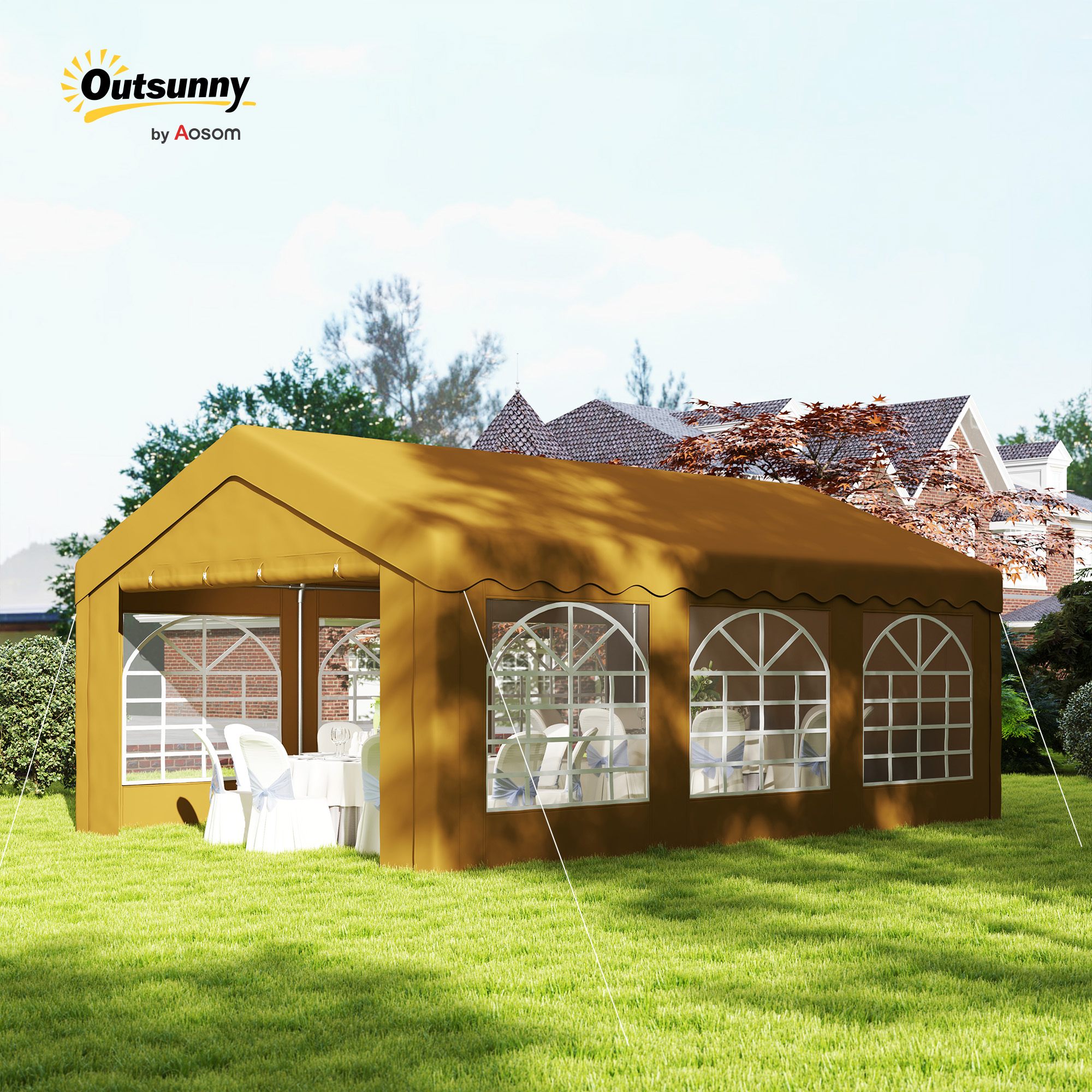 Outsunny 6m x 4m Marquee Party Tent Wedding Canopy, Pop Up Gazebo with Sidewalls, Doors, Windows, Galvanised Garden Gazebo for Parties Events, Yellow 2