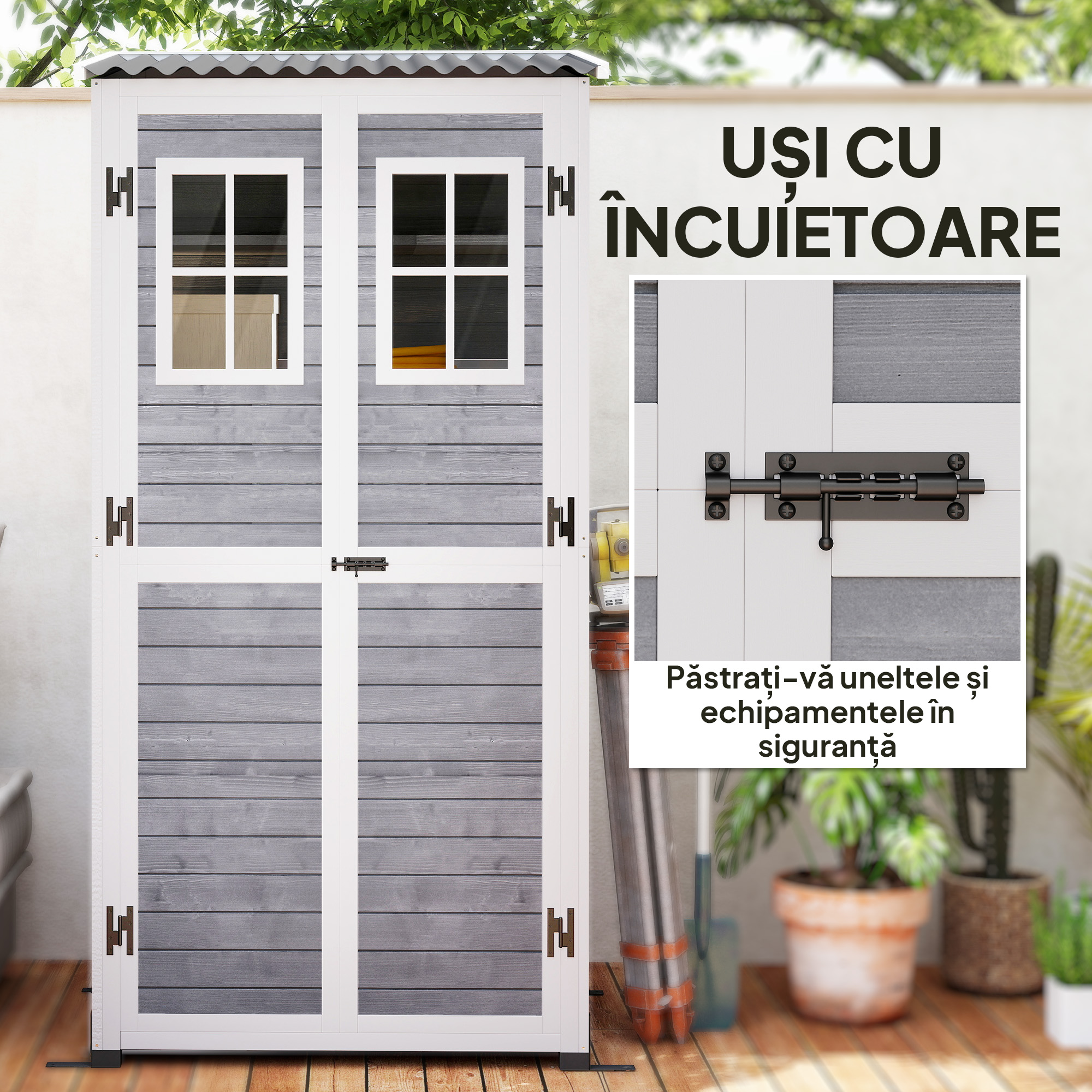  Magazie pentru Unelte de Gradina din Lemn de Brad cu 2 Ferestre si Rafturi Reglabile, 91x69x192cm, Gri Deschis [7]