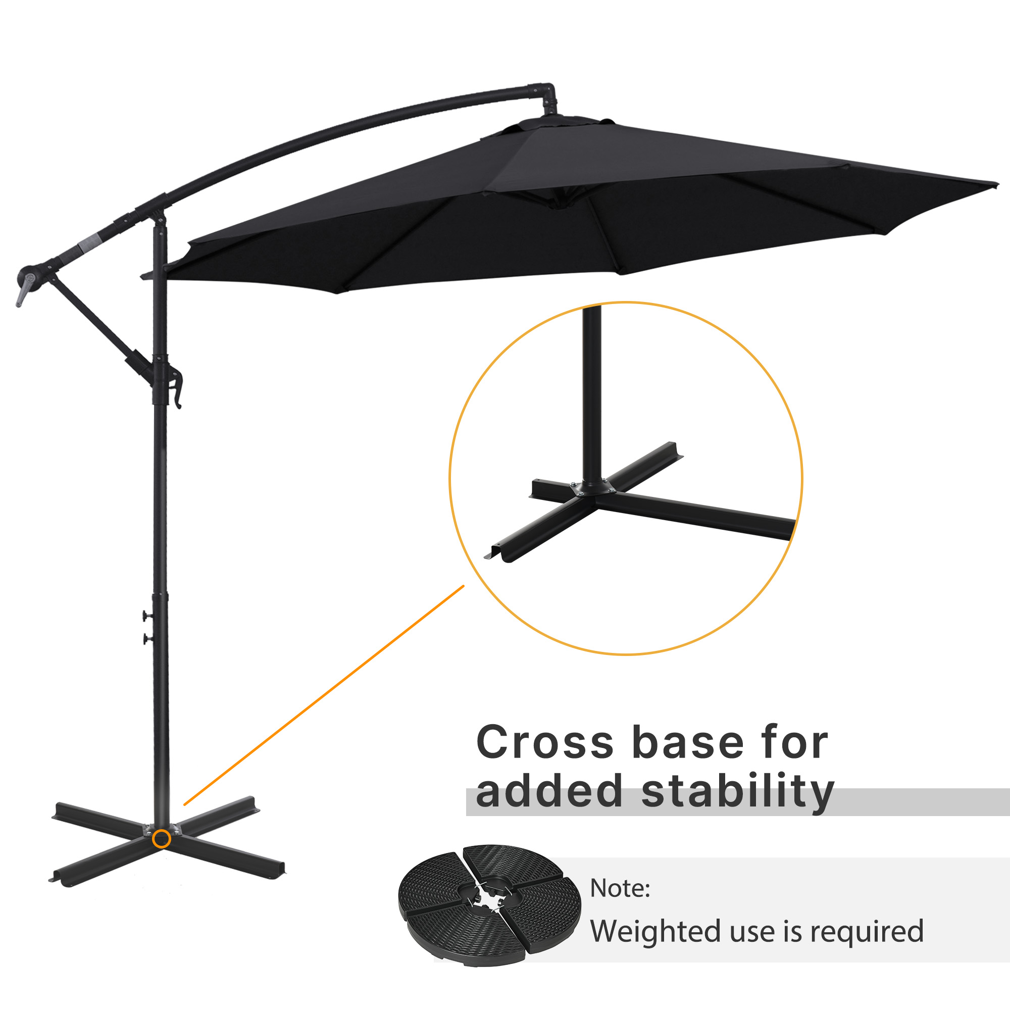 Outsunny 2.45m Overhanging Cantilever Parasol, Heavy Duty Waterproof Garden Umbrella with Cross Base, Black 7