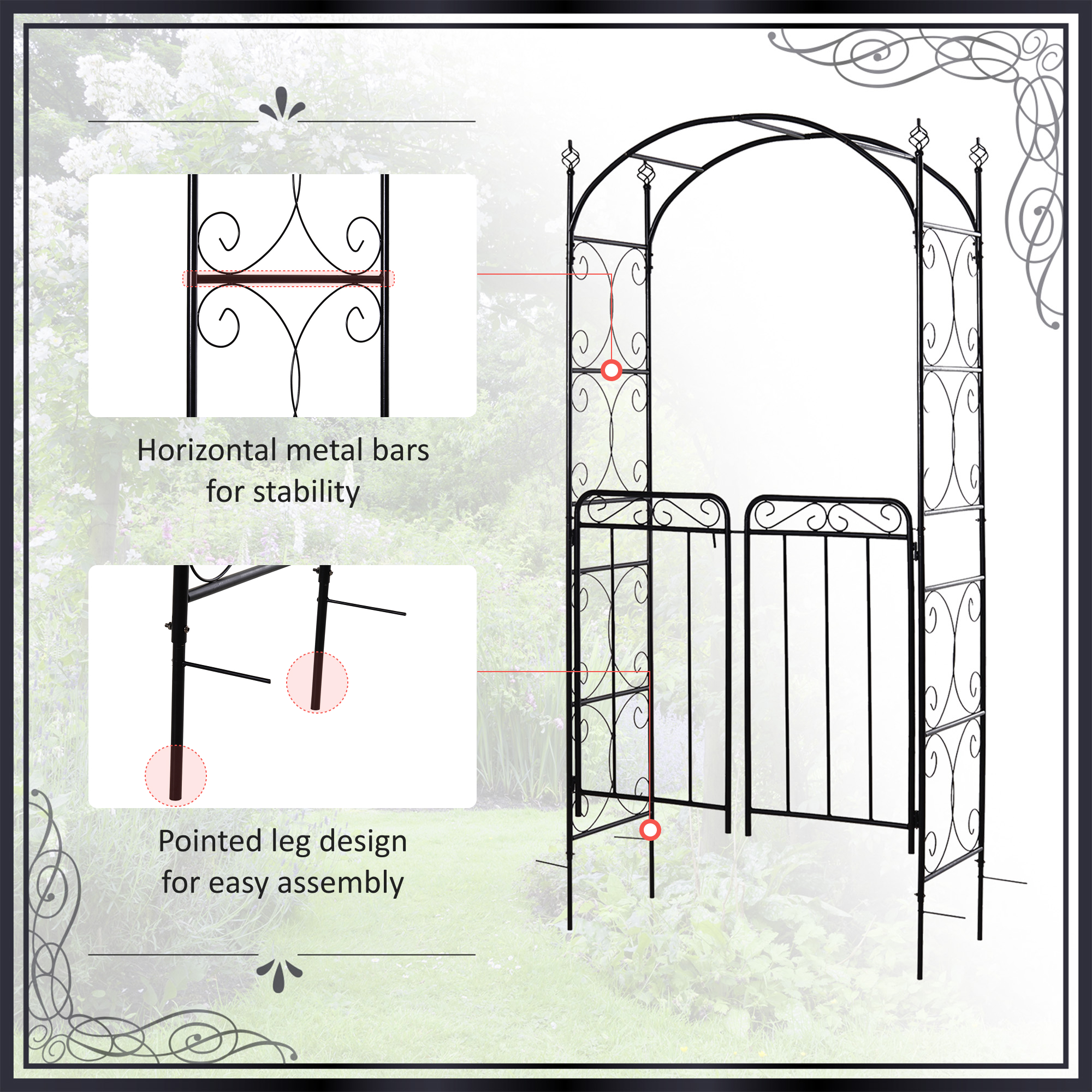 Outsunny Garden Decorative Metal Arch with Gate Outdoor Patio Trellis Arbor for Climbing Plant Archway Antique Black 108L x 45W x 215Hcm 7