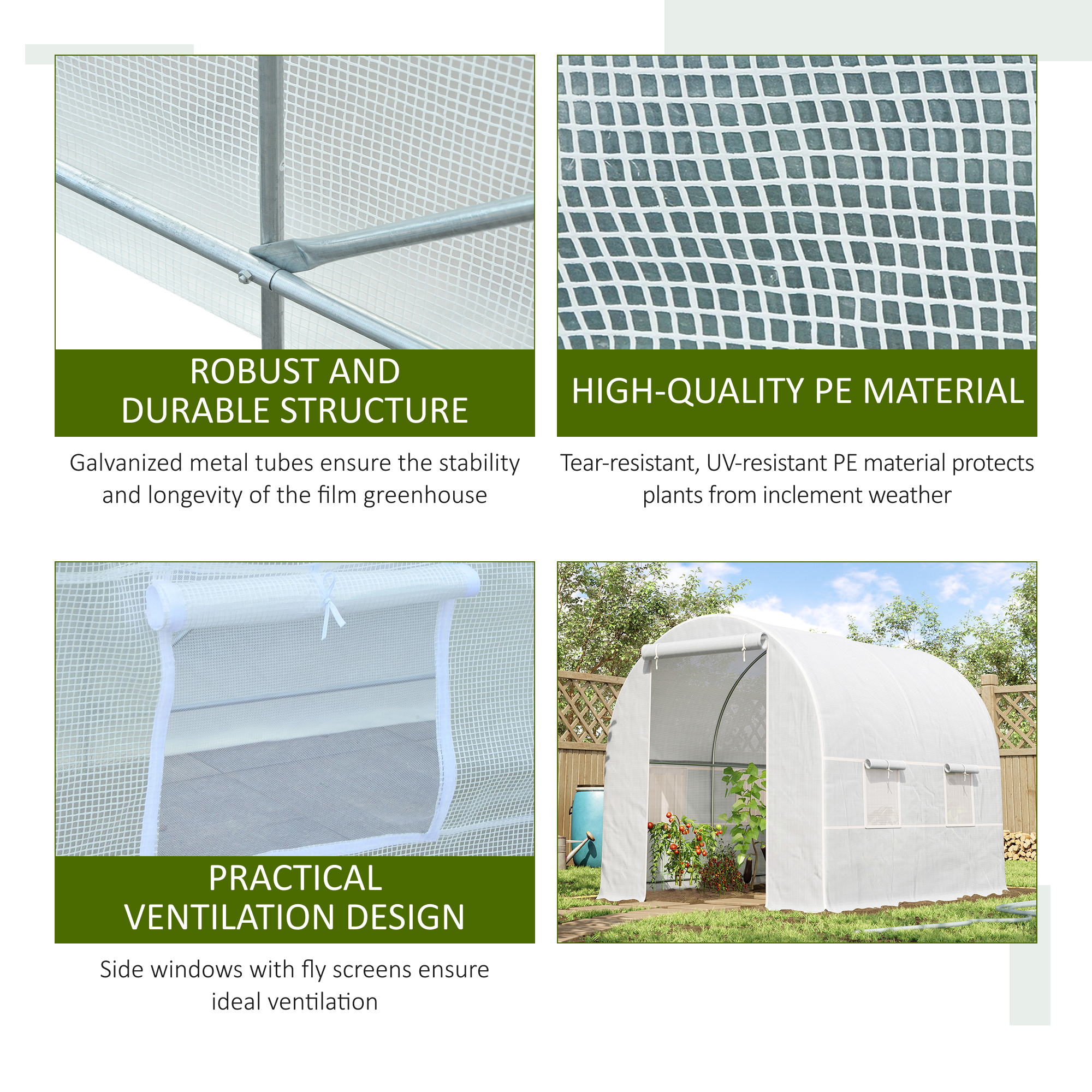 Outsunny 2.5 x 2 x 2 m Polytunnel Greenhouse, Walk-in Green House for Garden with Mesh Windows, Galvanised Steel Frame, White 5
