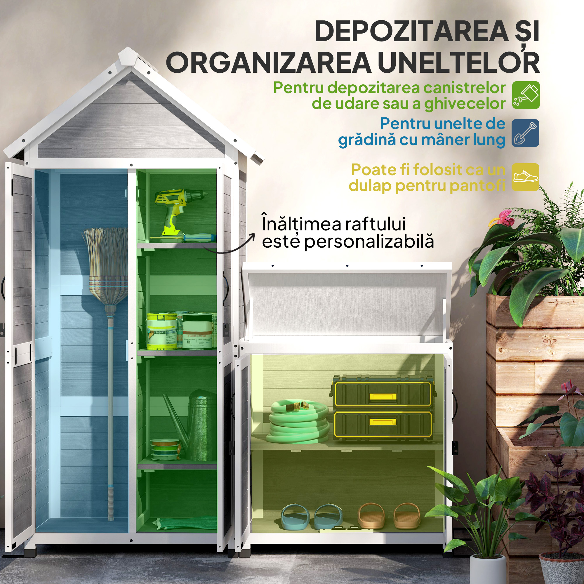  sopron pentru Unelte de Gradina cu Dulapior si Rafturi Reglabile, 89x51x182 cm, Gri Deschis [4]
