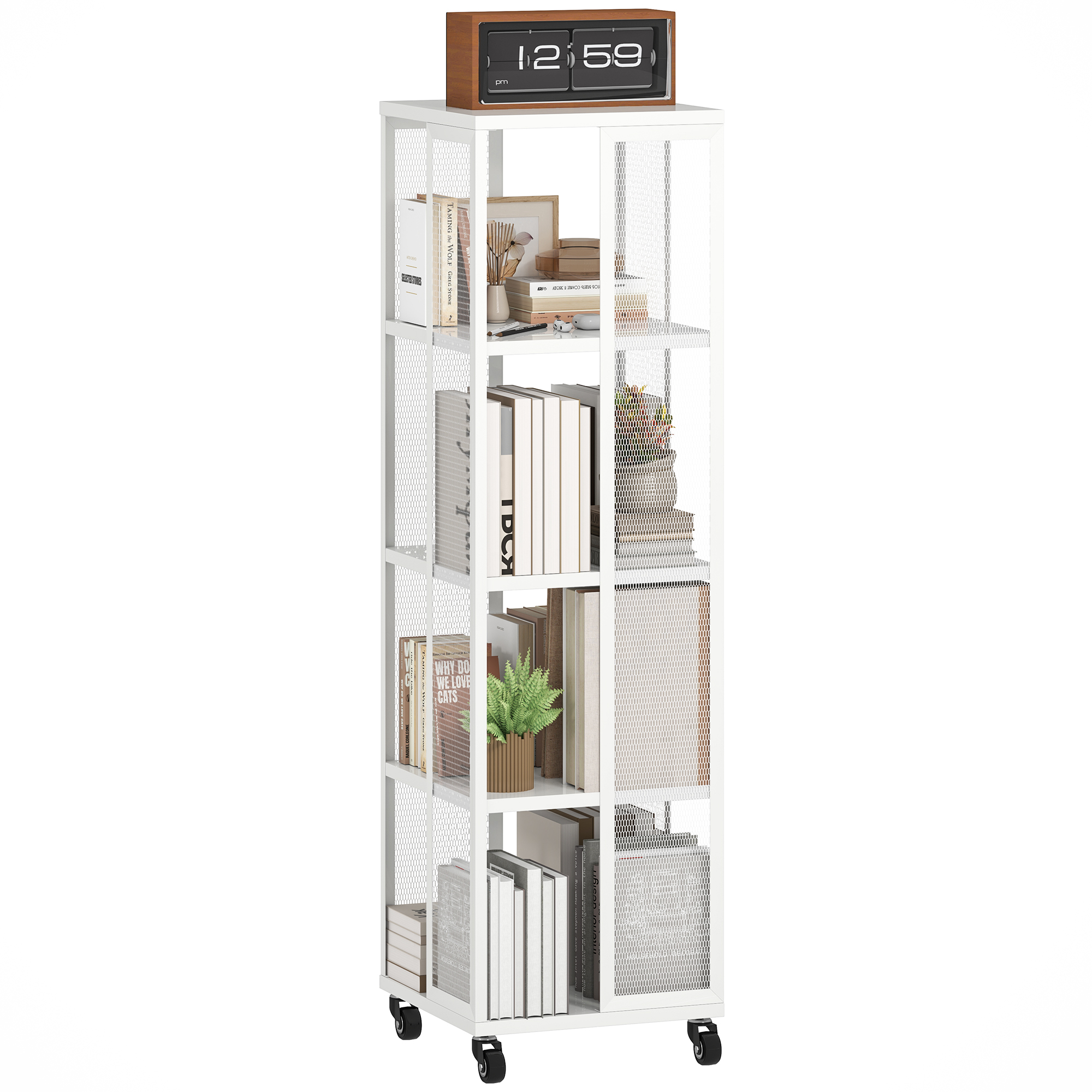 HOMCOM Libreria Moderna a 4 Ripiani in Metallo a Rete con Ruote, 35x35x129 cm, Bianco