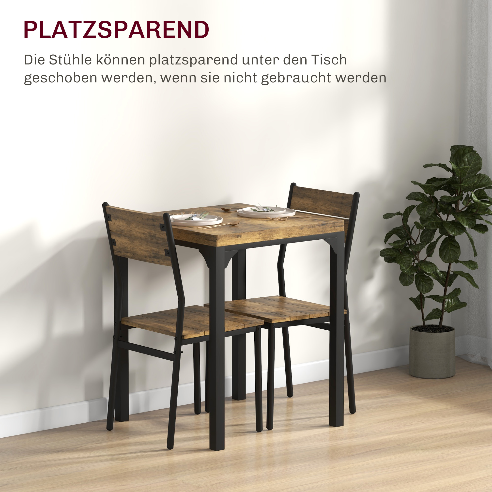 3-osaline söögikomplekt, söögilaua komplekt, 1 laud, 2 tooli, MDF+metall, pruun
