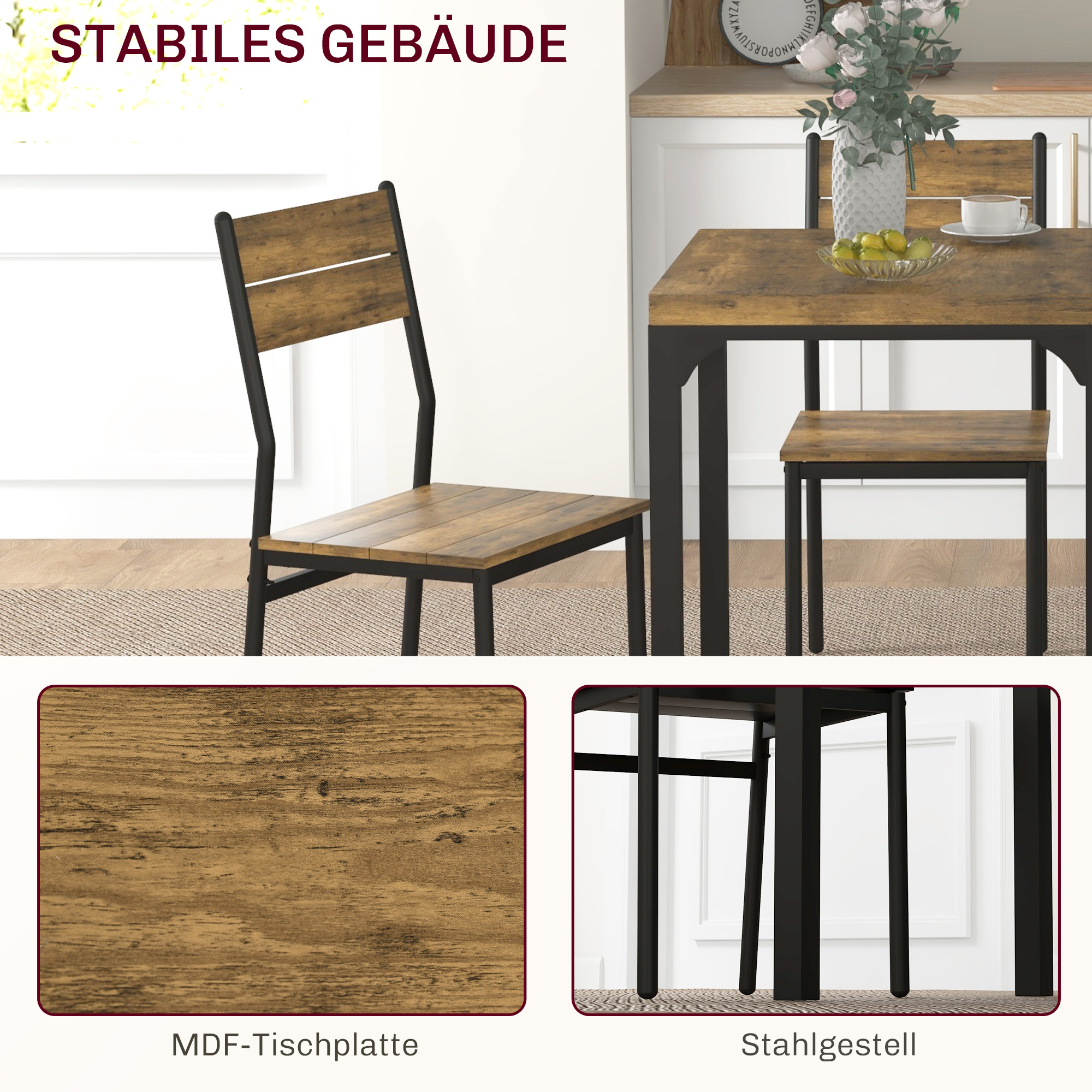 3-osaline söögikomplekt, söögilaua komplekt, 1 laud, 2 tooli, MDF+metall, pruun