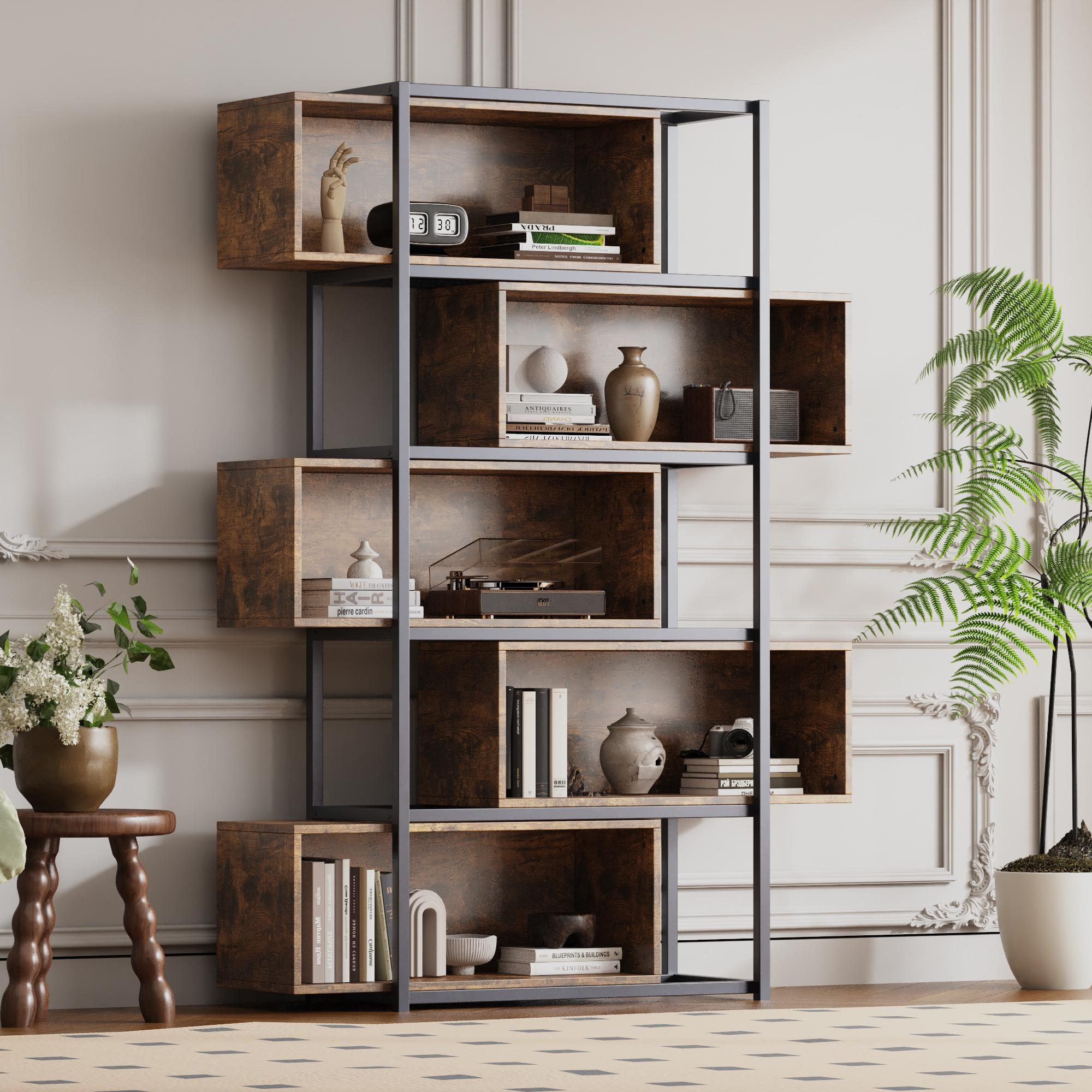 Bücherregal mit 5 Etagen, Holzmaserung und Schwarzem Stahlrohr, 121×35×176 günstig online kaufen